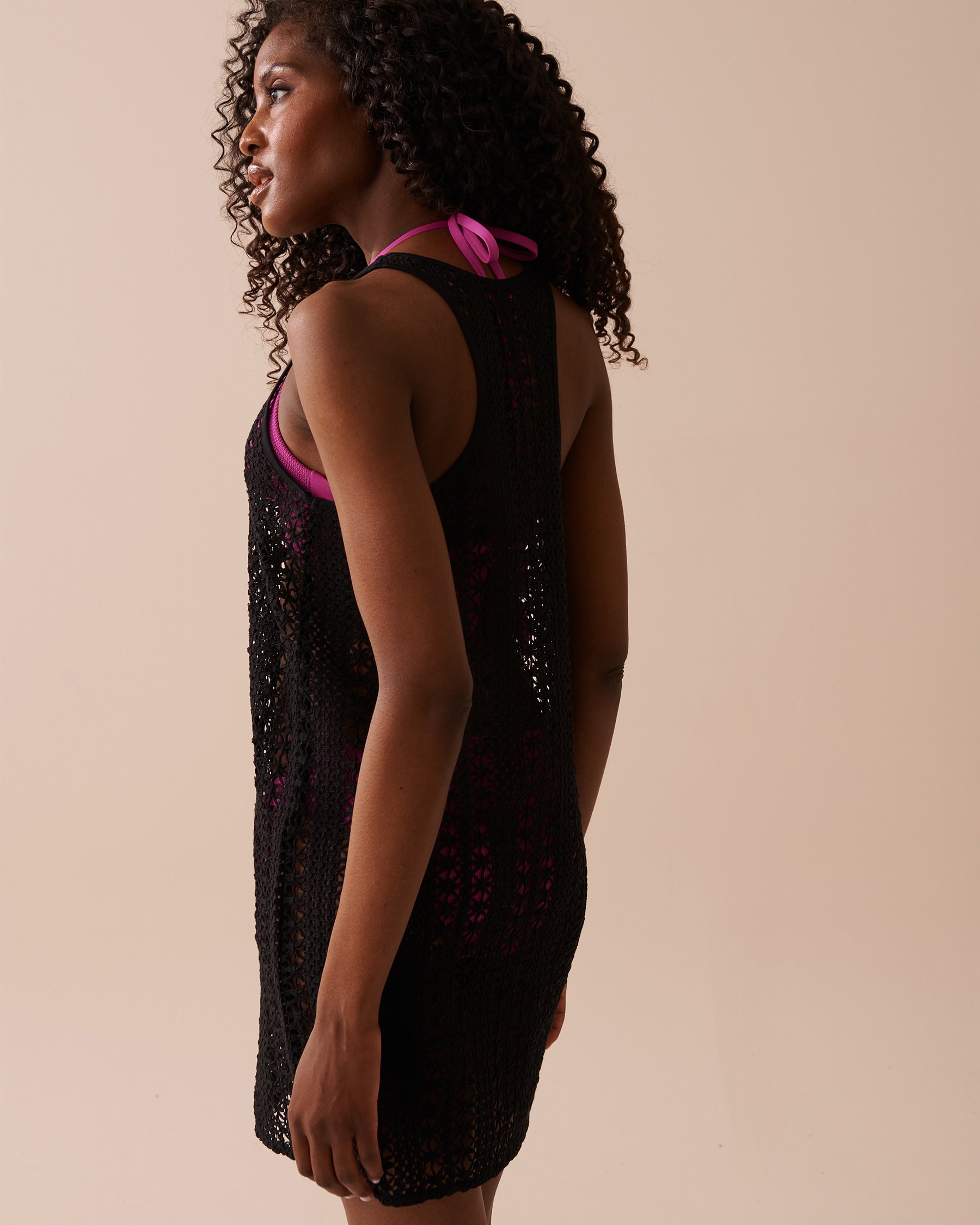 LA VIE EN ROSE AQUA Crochet Short Sleeveless Dress Black 80300096 - View2