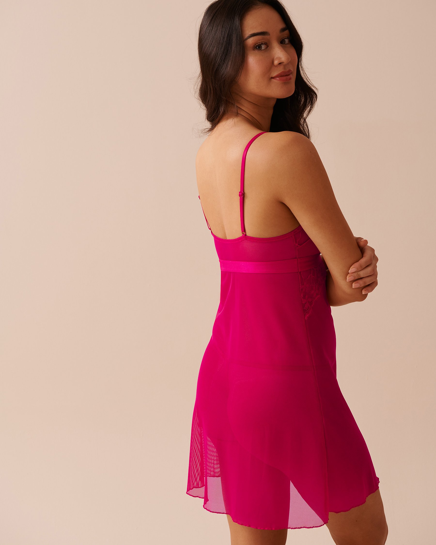 LA VIE EN ROSE Scalloped Lace and Mesh Nightie Raspberry Red 60500155 - View5