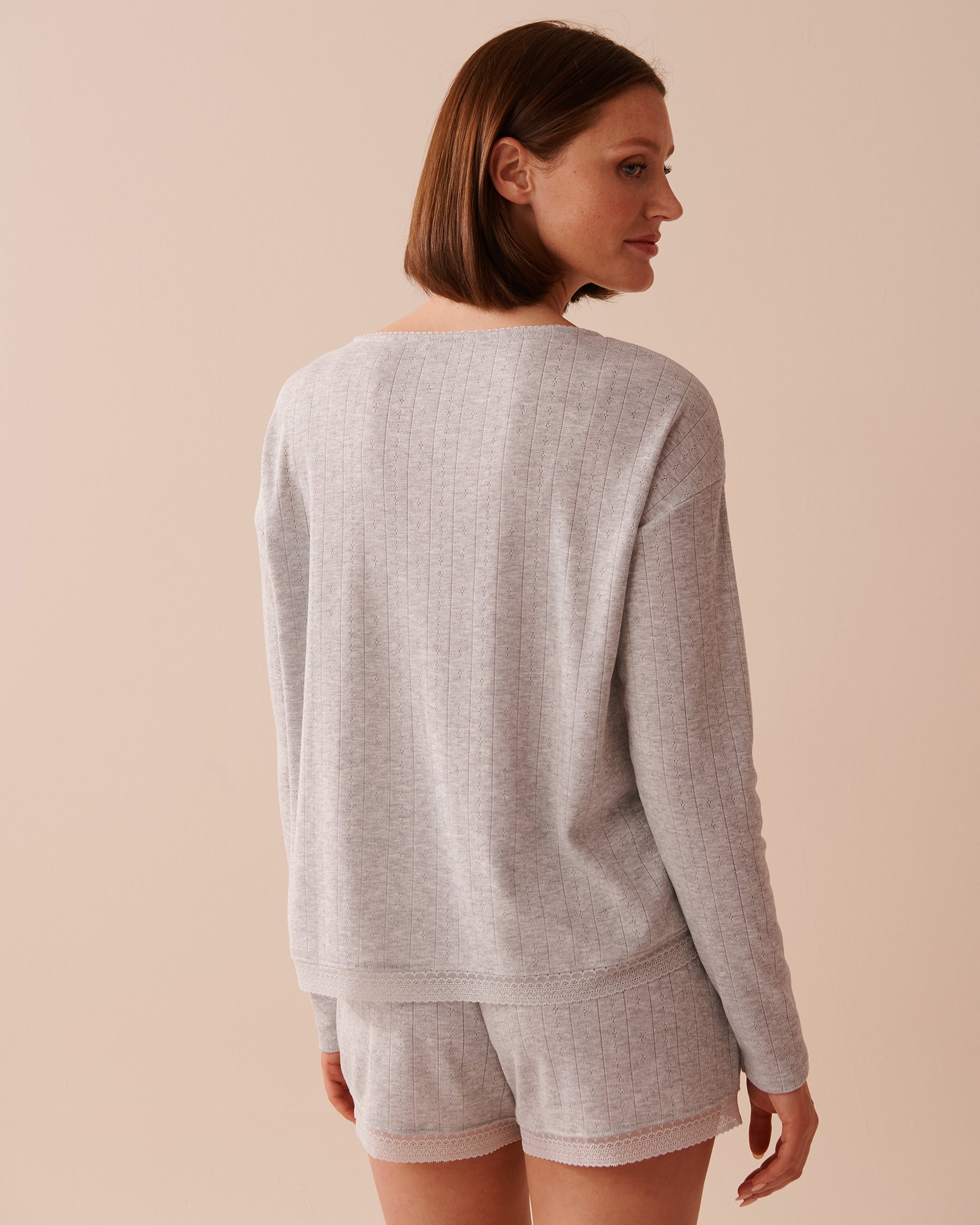 LA VIE EN ROSE Lace Trim Pointelle Knit Long Sleeve Shirt Grey 40100594 - View2