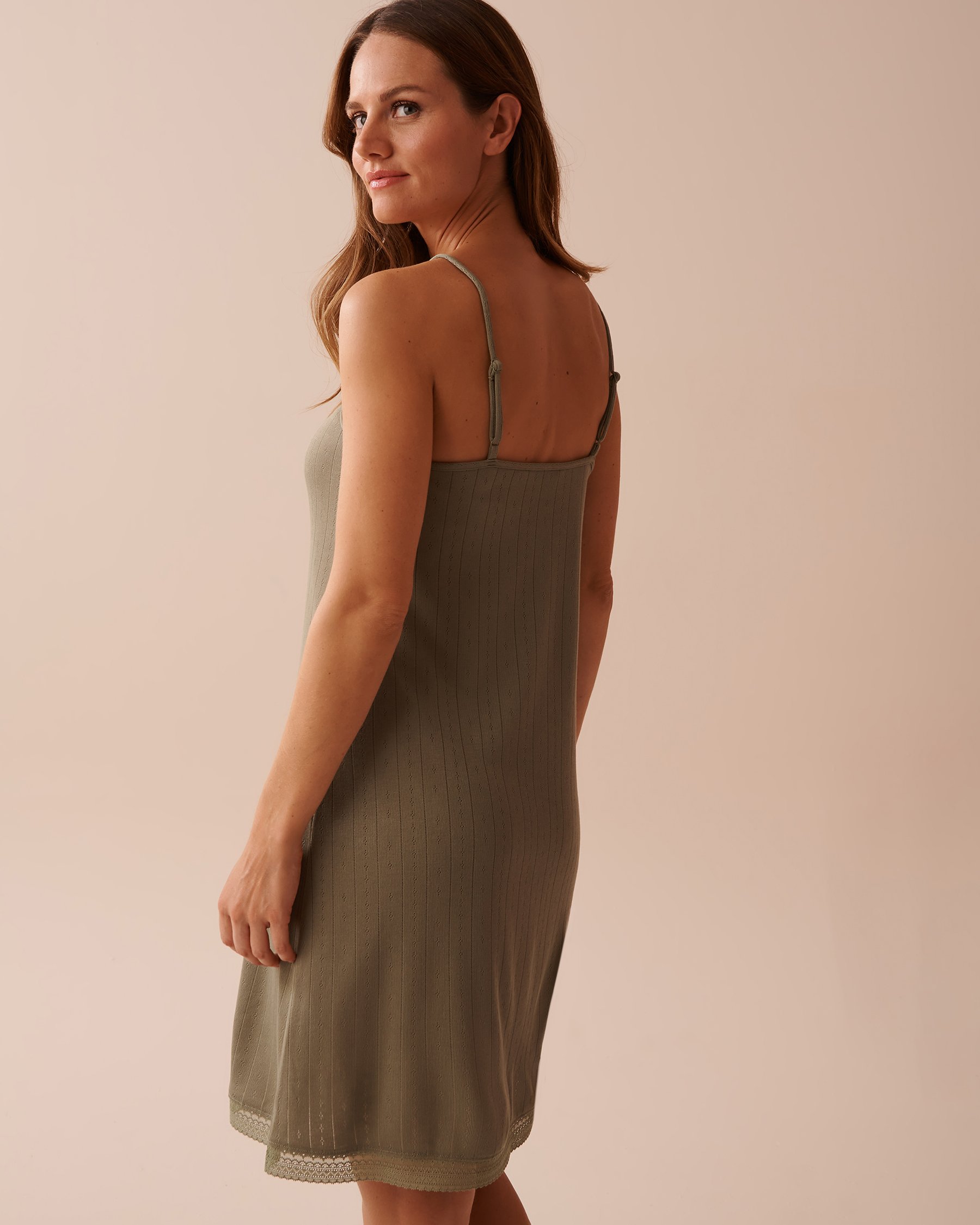 LA VIE EN ROSE Lace Trim Pointelle Knit Nightie Olive Green 40500364 - View2
