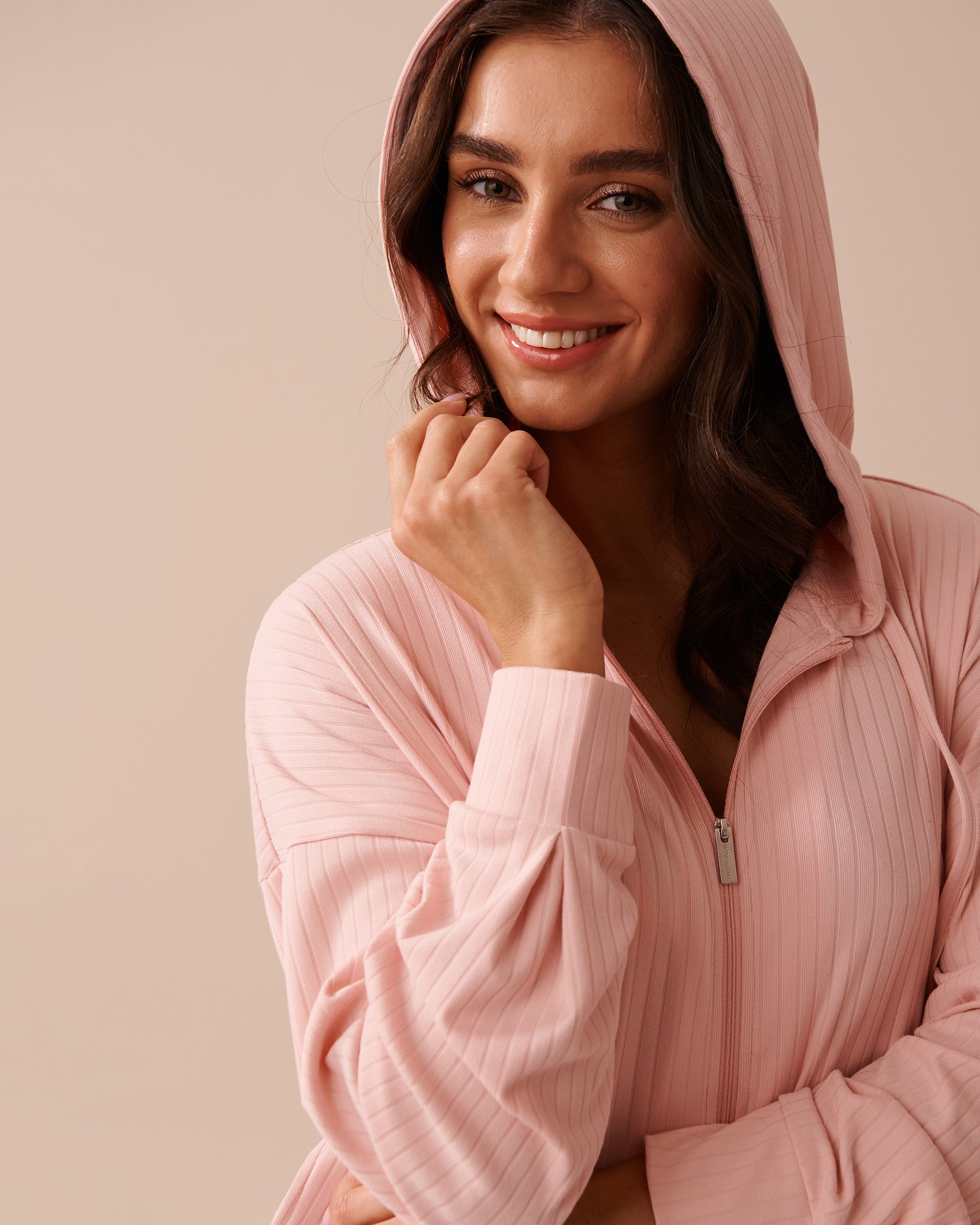 LA VIE EN ROSE Ribbed Jersey Zip-up Hoodie Salmon Pink 40600172 - View4