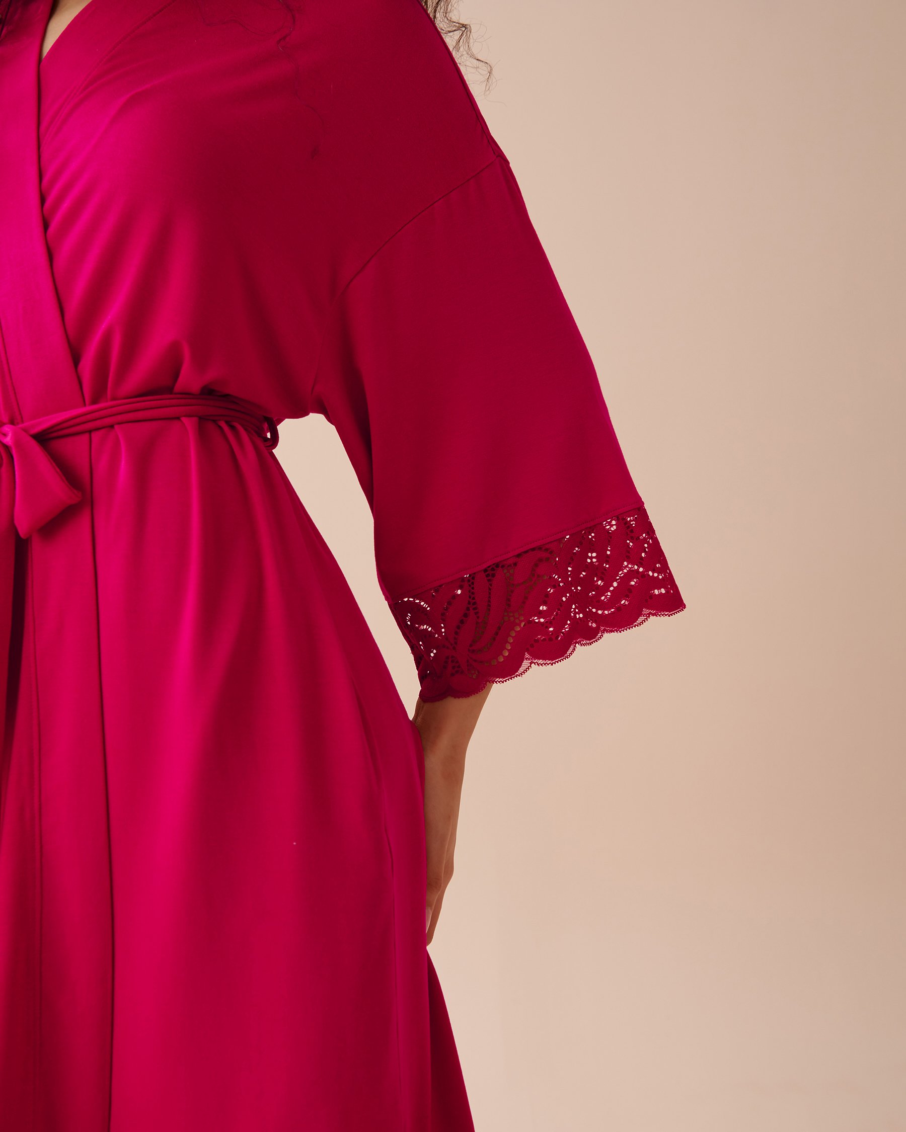 LA VIE EN ROSE Lace Detail Modal Kimono Raspberry Red 40600177 - View3