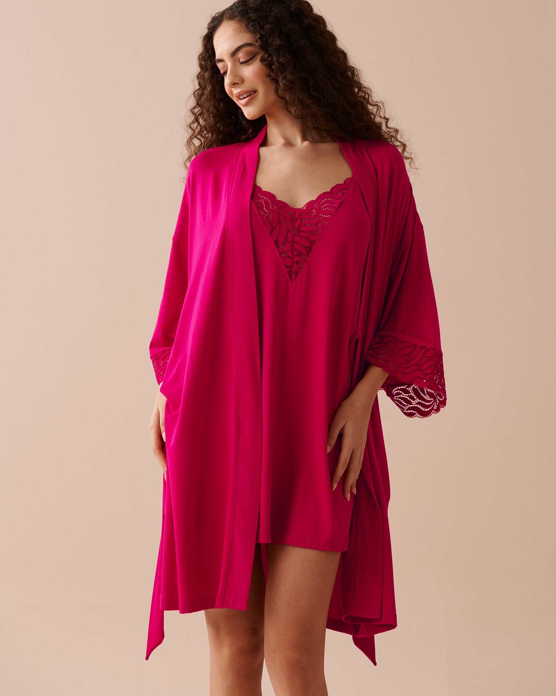 LA VIE EN ROSE Lace Detail Modal Kimono Raspberry Red 40600177 - View1