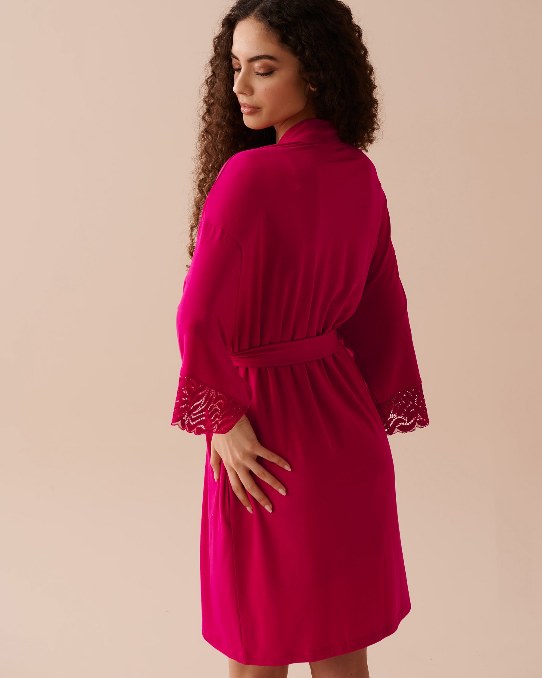 LA VIE EN ROSE Lace Detail Modal Kimono Raspberry Red 40600177 - View2