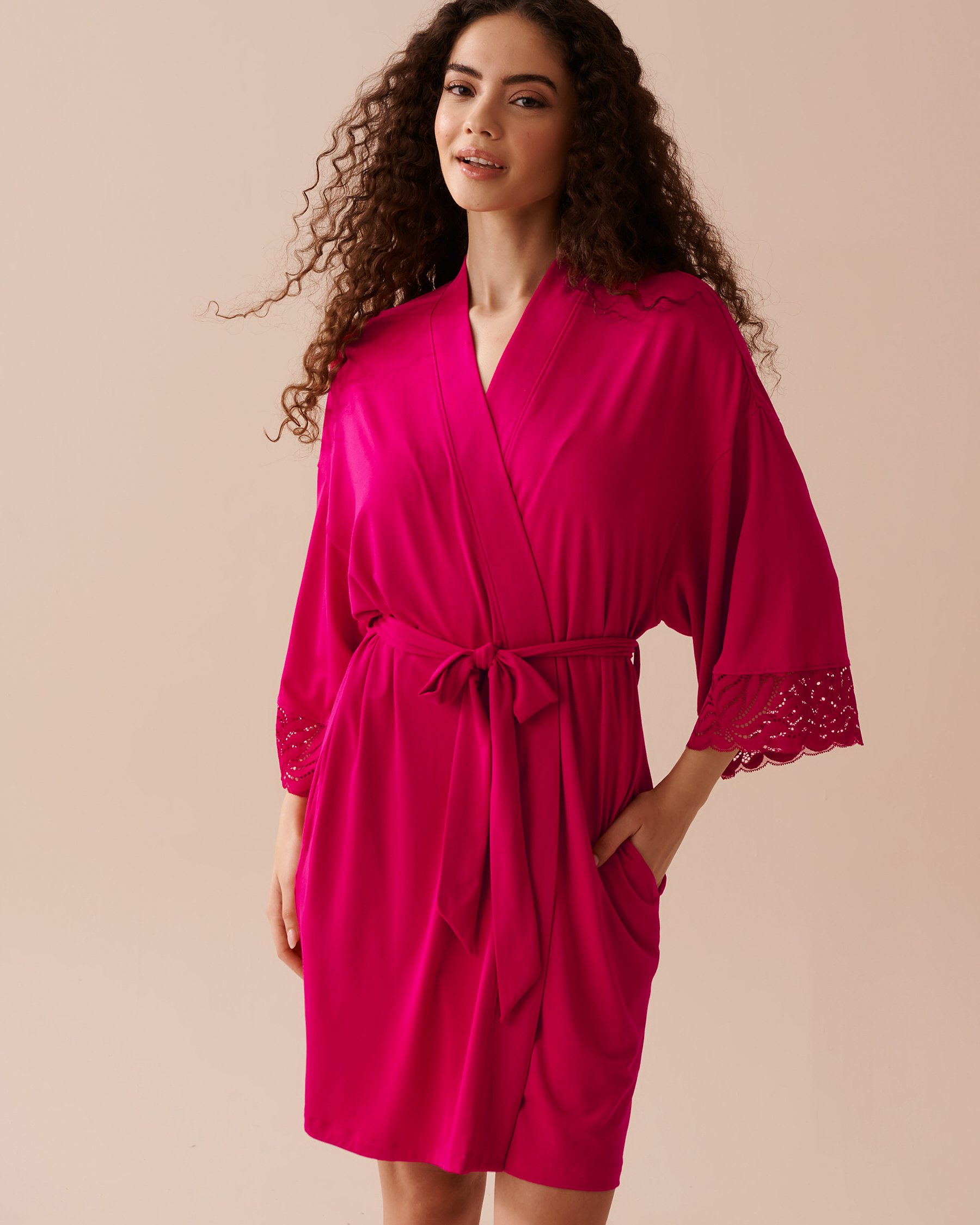 LA VIE EN ROSE Lace Detail Modal Kimono Raspberry Red 40600177 - View4