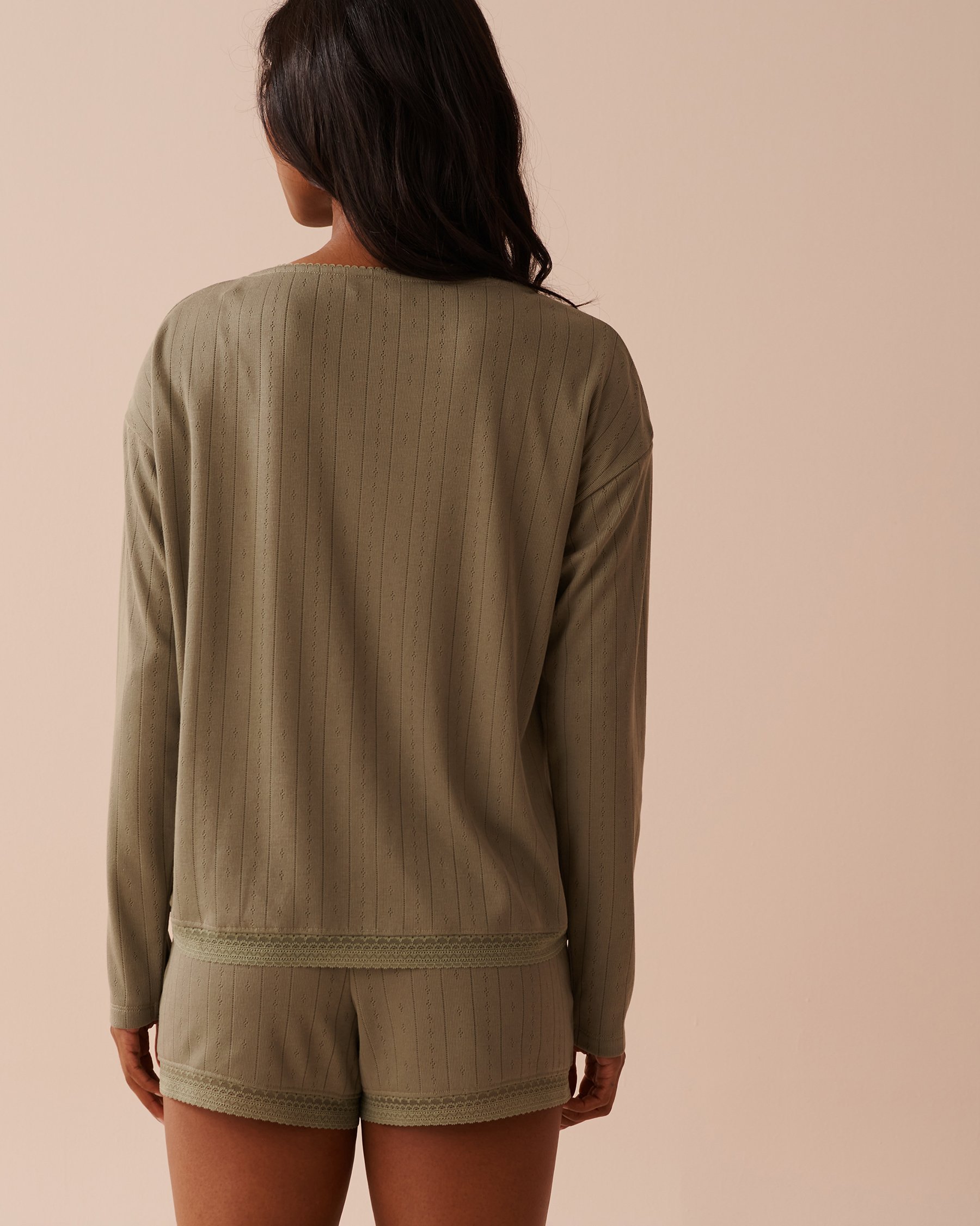 LA VIE EN ROSE Chandail manches longues maille pointelle et bordure de dentelle Vert olive 40100594 - View2