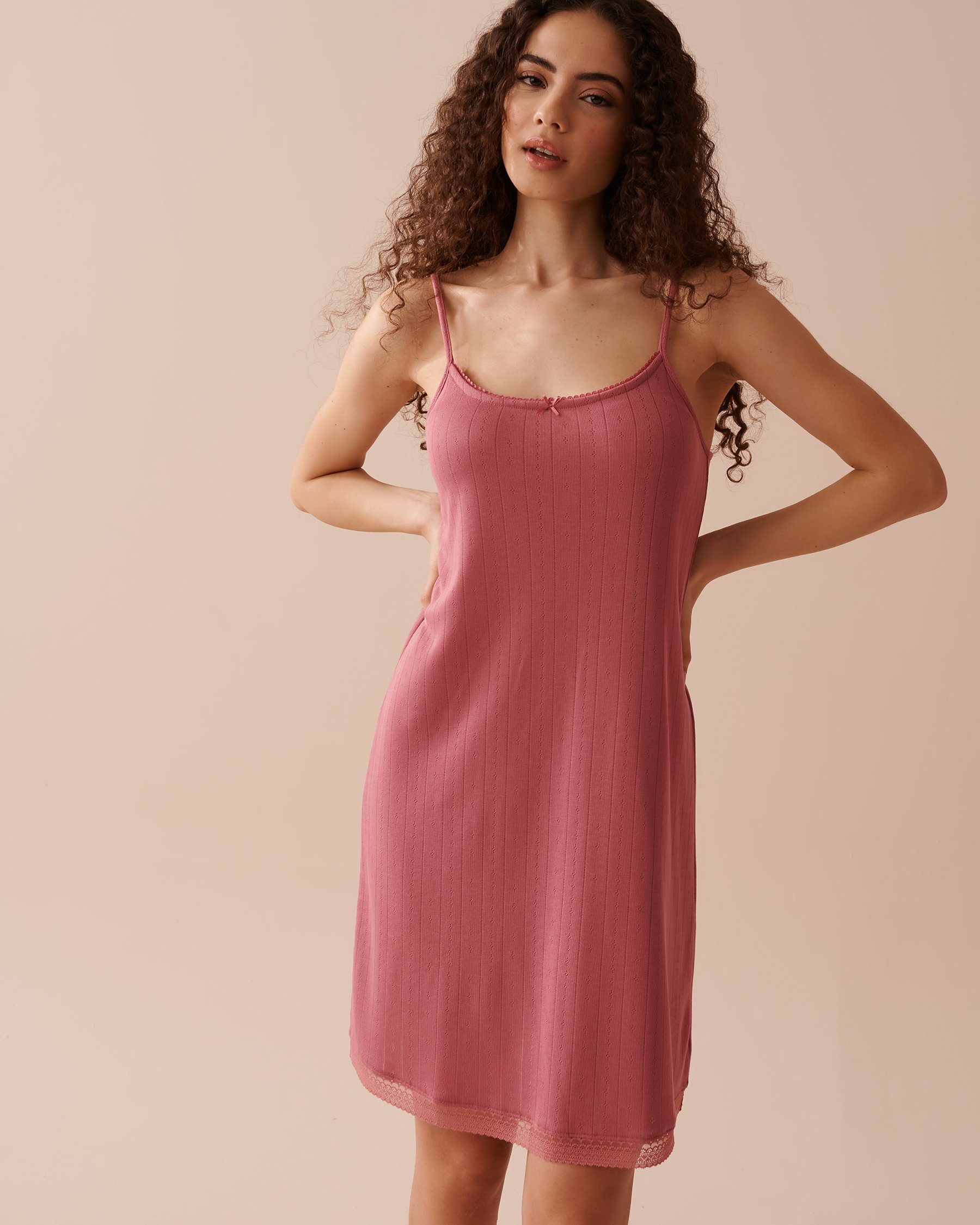 LA VIE EN ROSE Lace Trim Pointelle Knit Nightie Dusty Pink 40500364 - View4