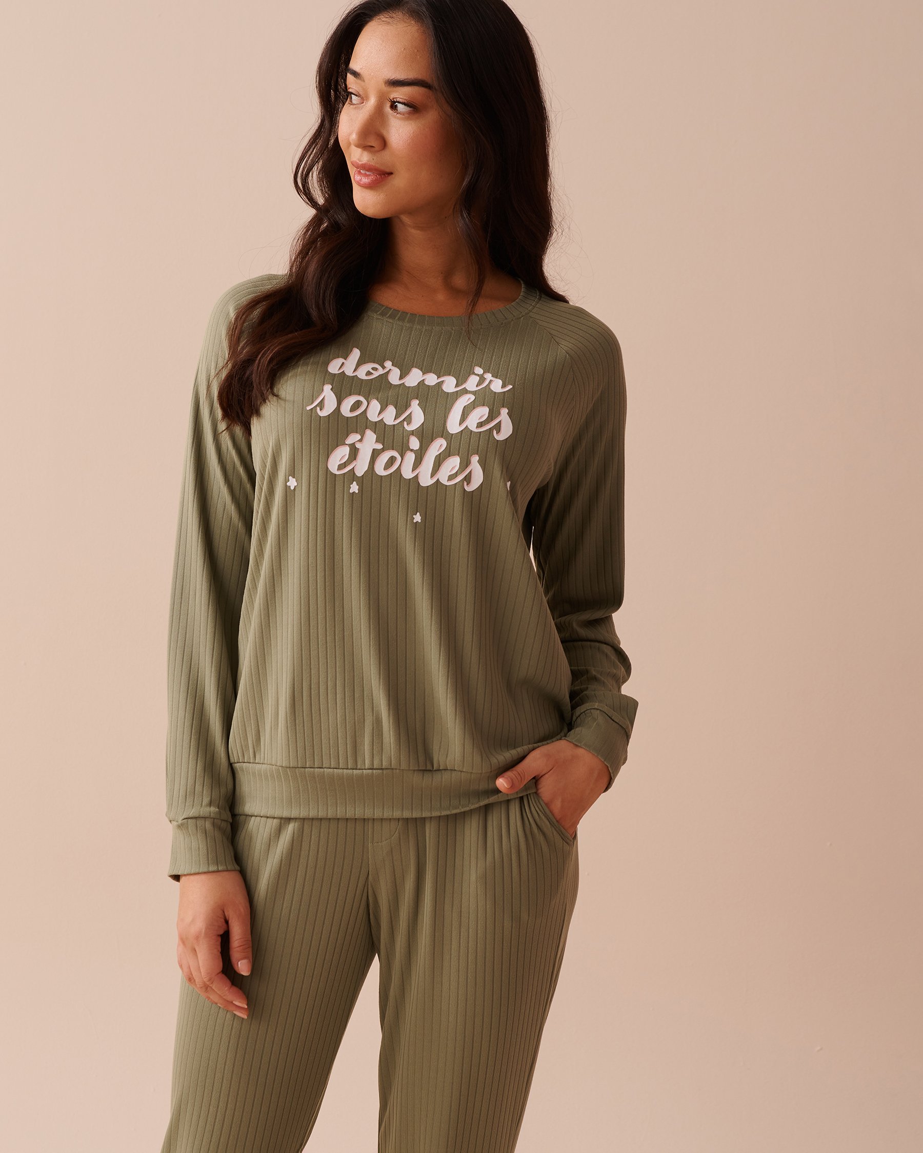 LA VIE EN ROSE Ribbed Jersey Long Sleeve Shirt Olive Green 40100591 - View3