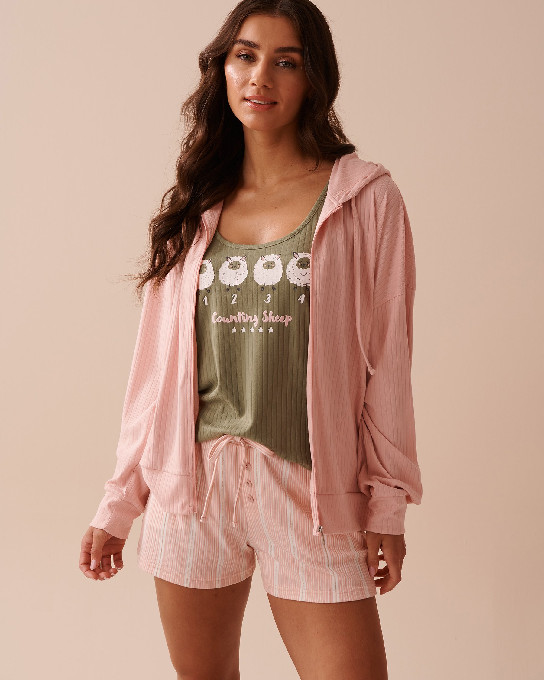 LA VIE EN ROSE Ribbed Jersey Zip-up Hoodie Salmon Pink 40600172 - View1