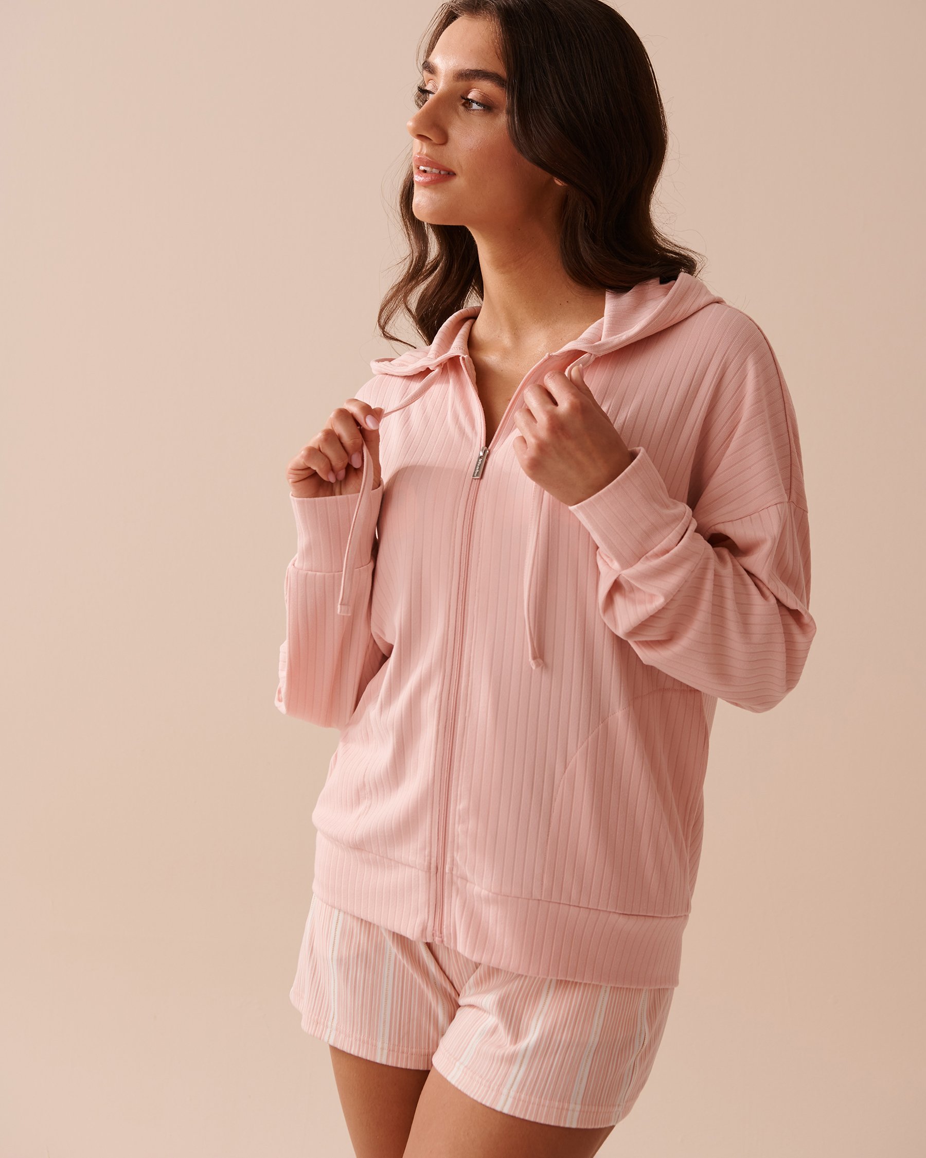 LA VIE EN ROSE Ribbed Jersey Zip-up Hoodie Salmon Pink 40600172 - View3