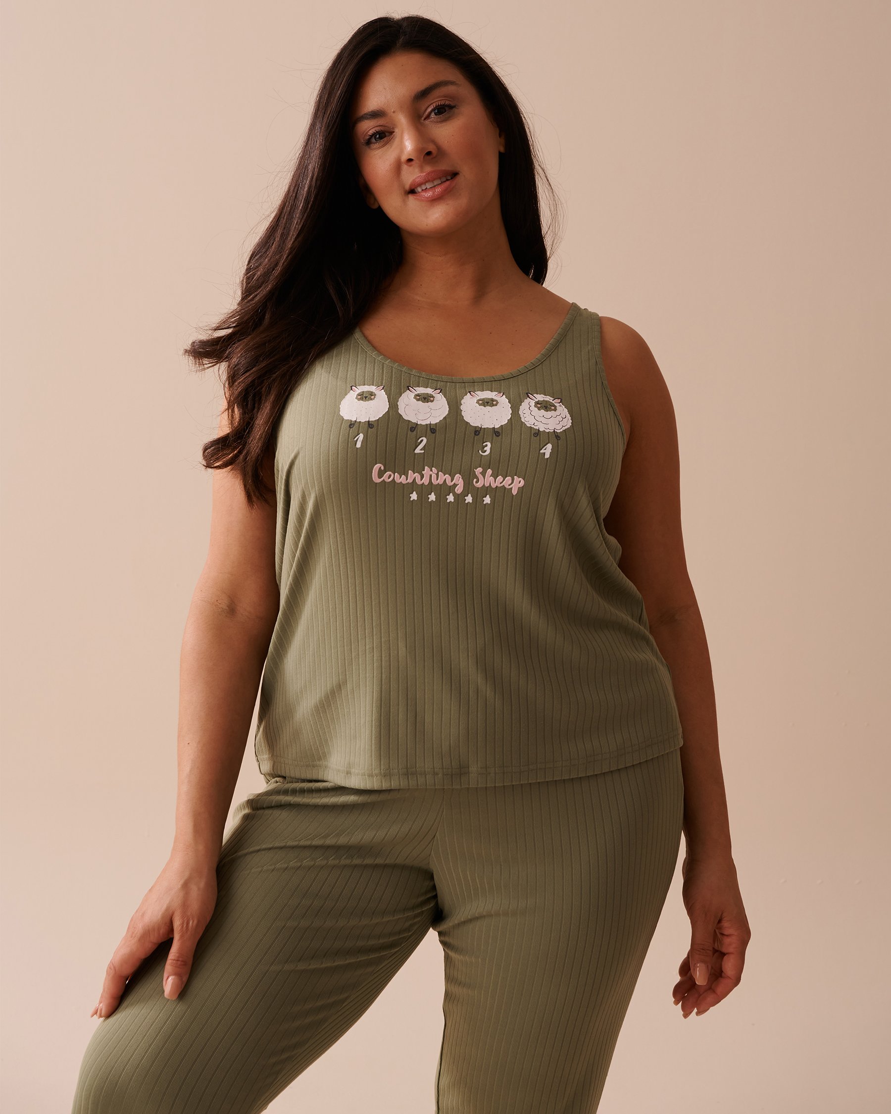 LA VIE EN ROSE Sheep Print Ribbed Jersey Cami Olive Green 40100592 - View1