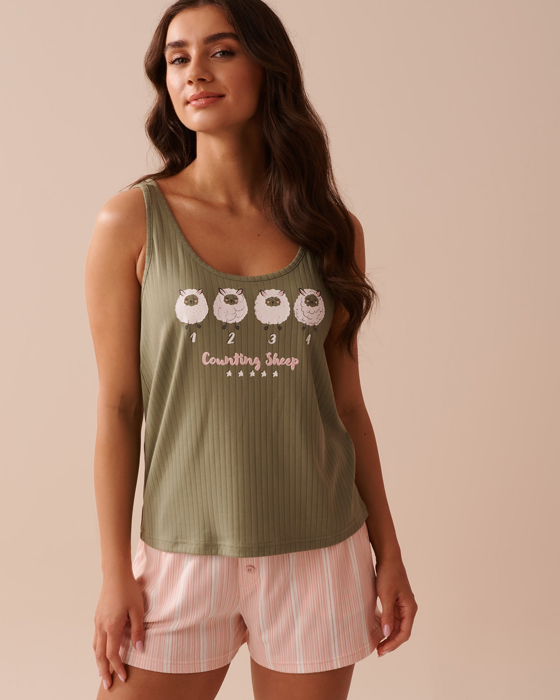 LA VIE EN ROSE Sheep Print Ribbed Jersey Cami Olive Green 40100592 - View4