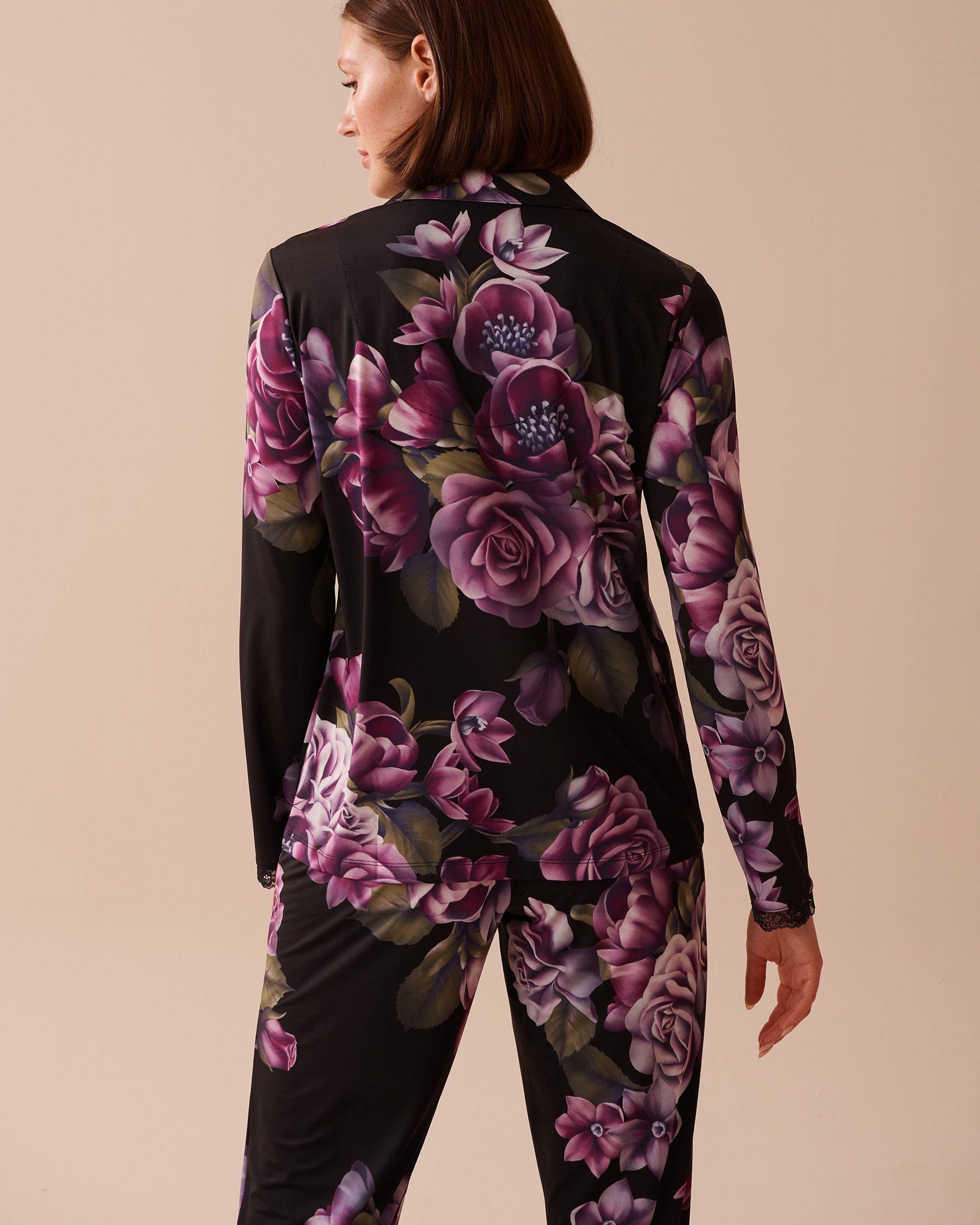 LA VIE EN ROSE Purple Bouquet Recycled Fibers Lace Trim Button-down Shirt Purple Bouquet 60100113 - View2