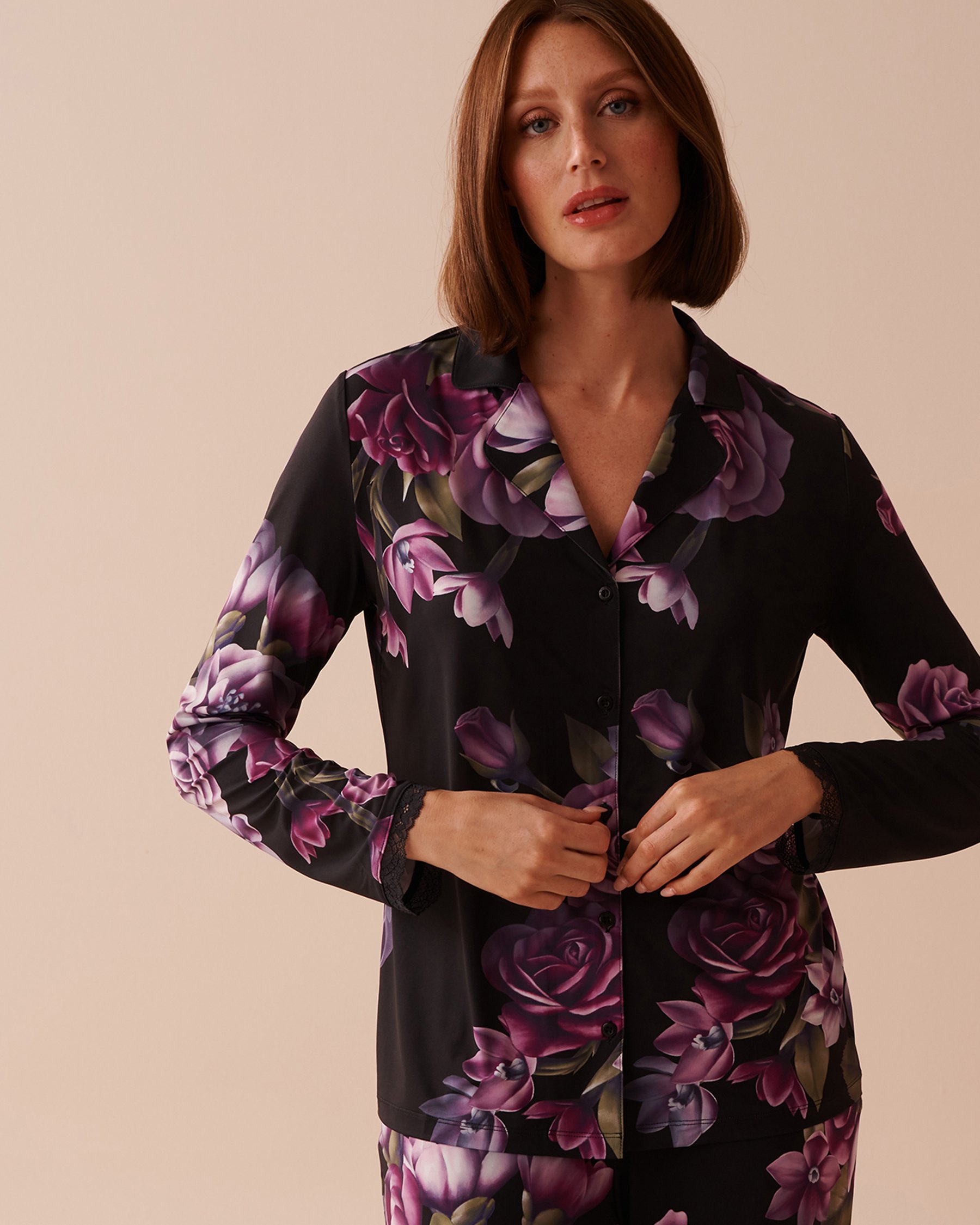 LA VIE EN ROSE Purple Bouquet Recycled Fibers Lace Trim Button-down Shirt Purple Bouquet 60100113 - View4