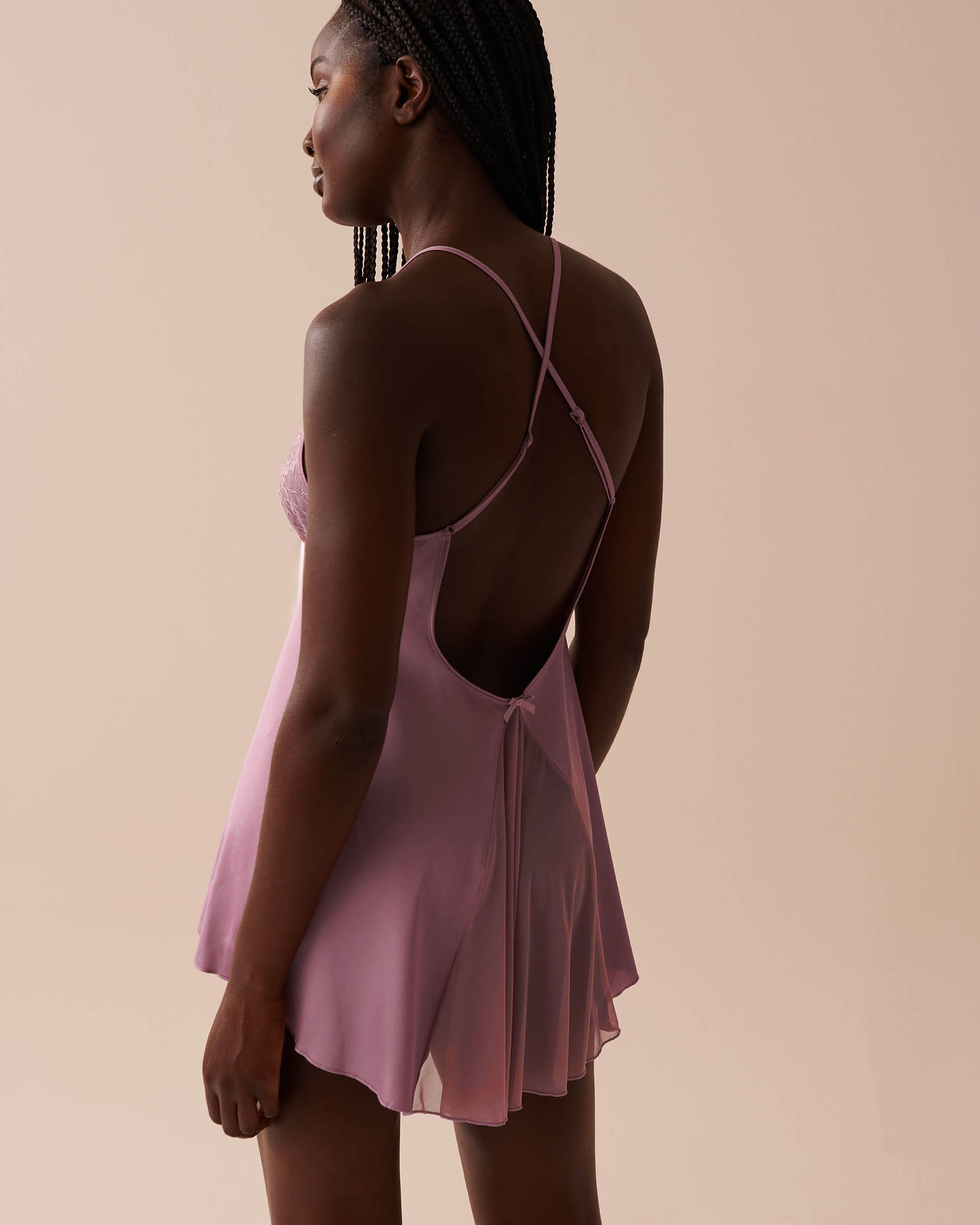 LA VIE EN ROSE Satin and Lace Babydoll Dusty Orchid 60500159 - View6