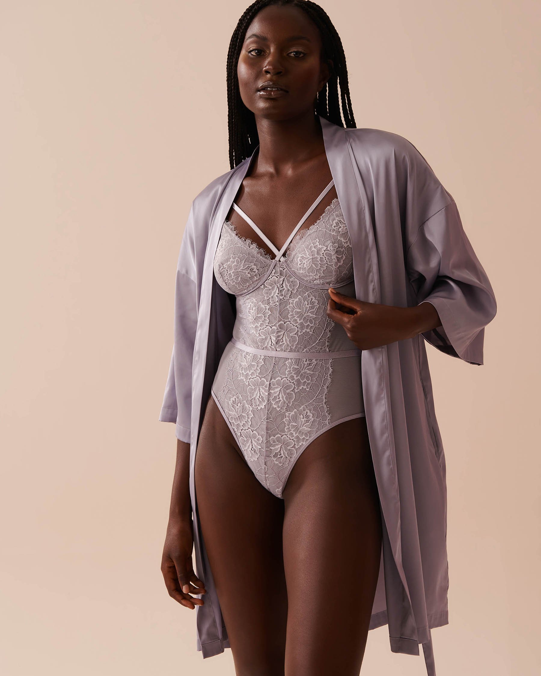 LA VIE EN ROSE Satin Kimono Lilac Grey 60600083 - View7