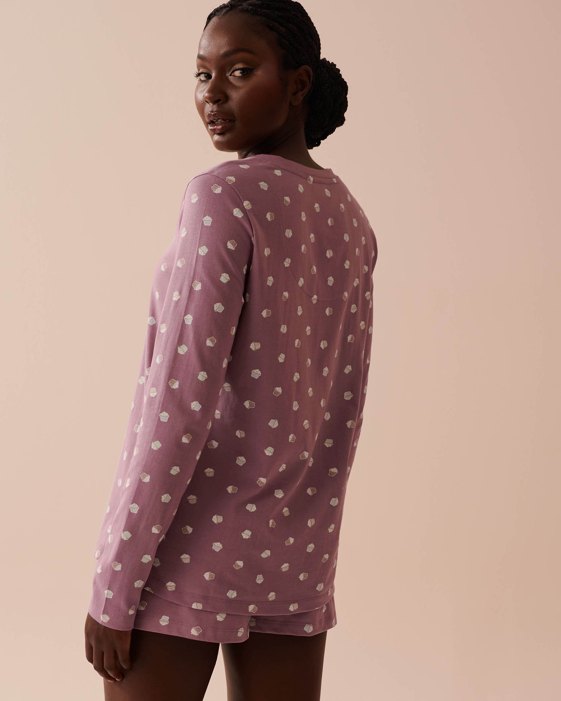 LA VIE EN ROSE Cupcake Print Cotton Long Sleeve Henley Shirt Cupcake Print 40100613 - View2