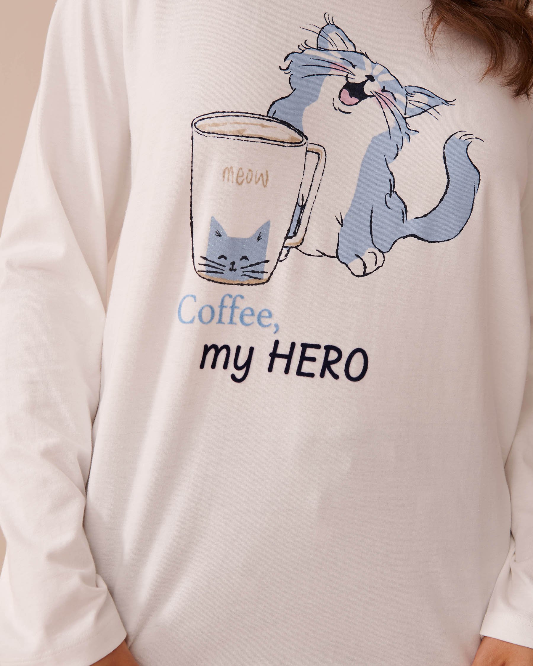 LA VIE EN ROSE Chandail manches longues en coton à imprimé chat Blanc 40100615 - Voir3