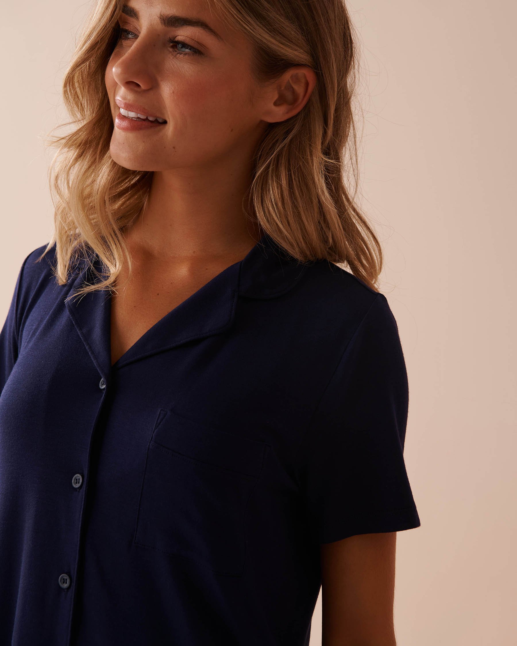 LA VIE EN ROSE Soft Jersey Short Sleeve Button-down Shirt Evening Blue 40100626 - View3