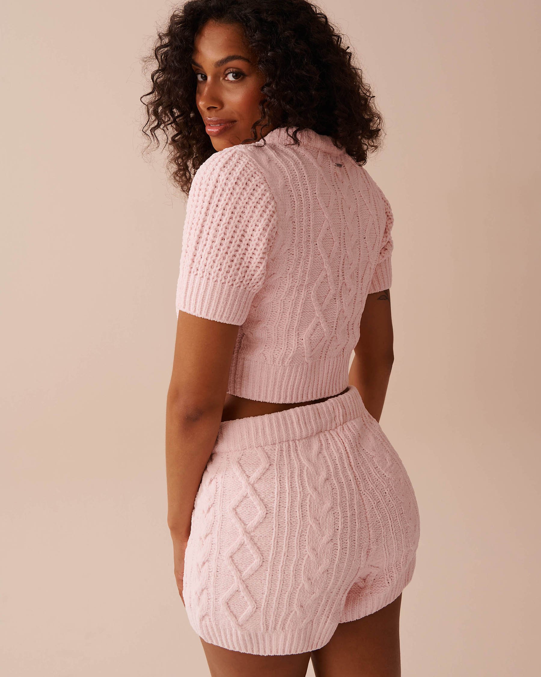 LA VIE EN ROSE Cable-Knit Chenille Crop T-shirt Light Pink 50100093 - View3