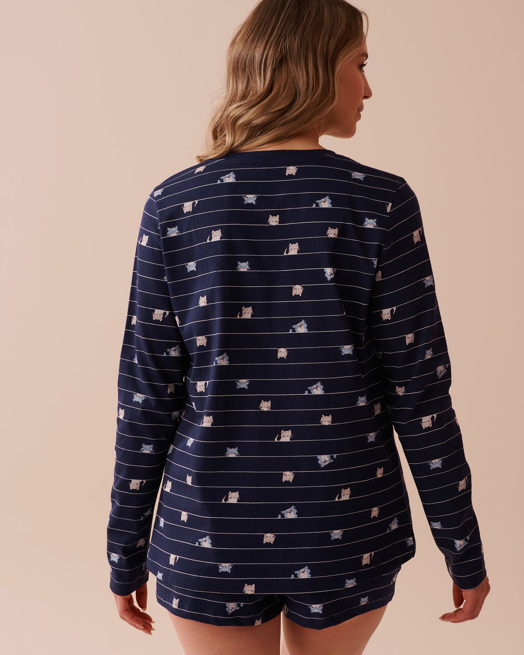 LA VIE EN ROSE Cat Print Cotton Long Sleeve Henley Shirt Cat Print 40100613 - View2