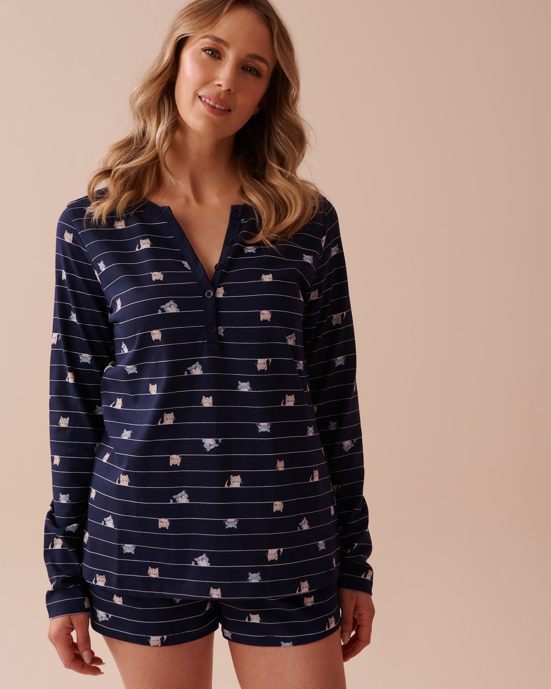 LA VIE EN ROSE Cat Print Cotton Long Sleeve Henley Shirt Cat Print 40100613 - View3