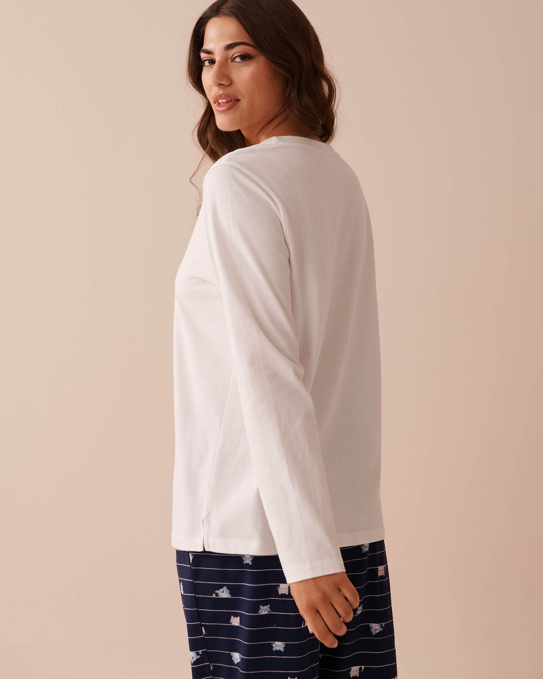 LA VIE EN ROSE Cat Print Cotton Long Sleeve Shirt White 40100615 - View2