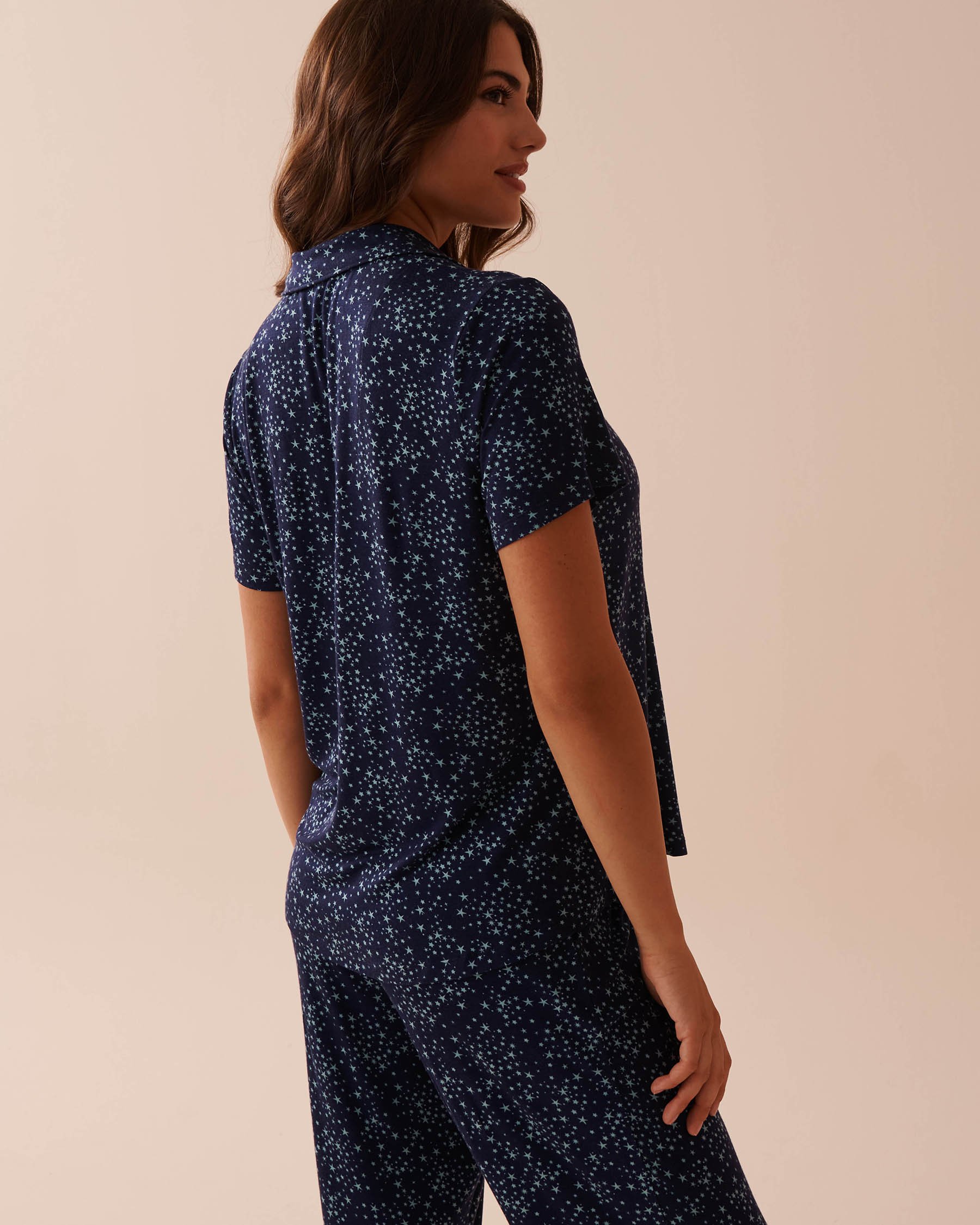 LA VIE EN ROSE Soft Jersey Short Sleeve Button-down Shirt Little Blue Stars 40100626 - View2