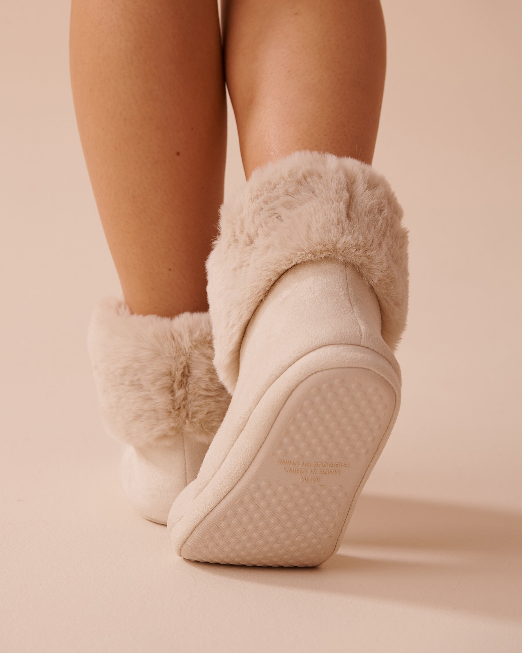 LA VIE EN ROSE Faux Suede and Faux Fur Bootie Slippers Light Beige 40700362 - View2