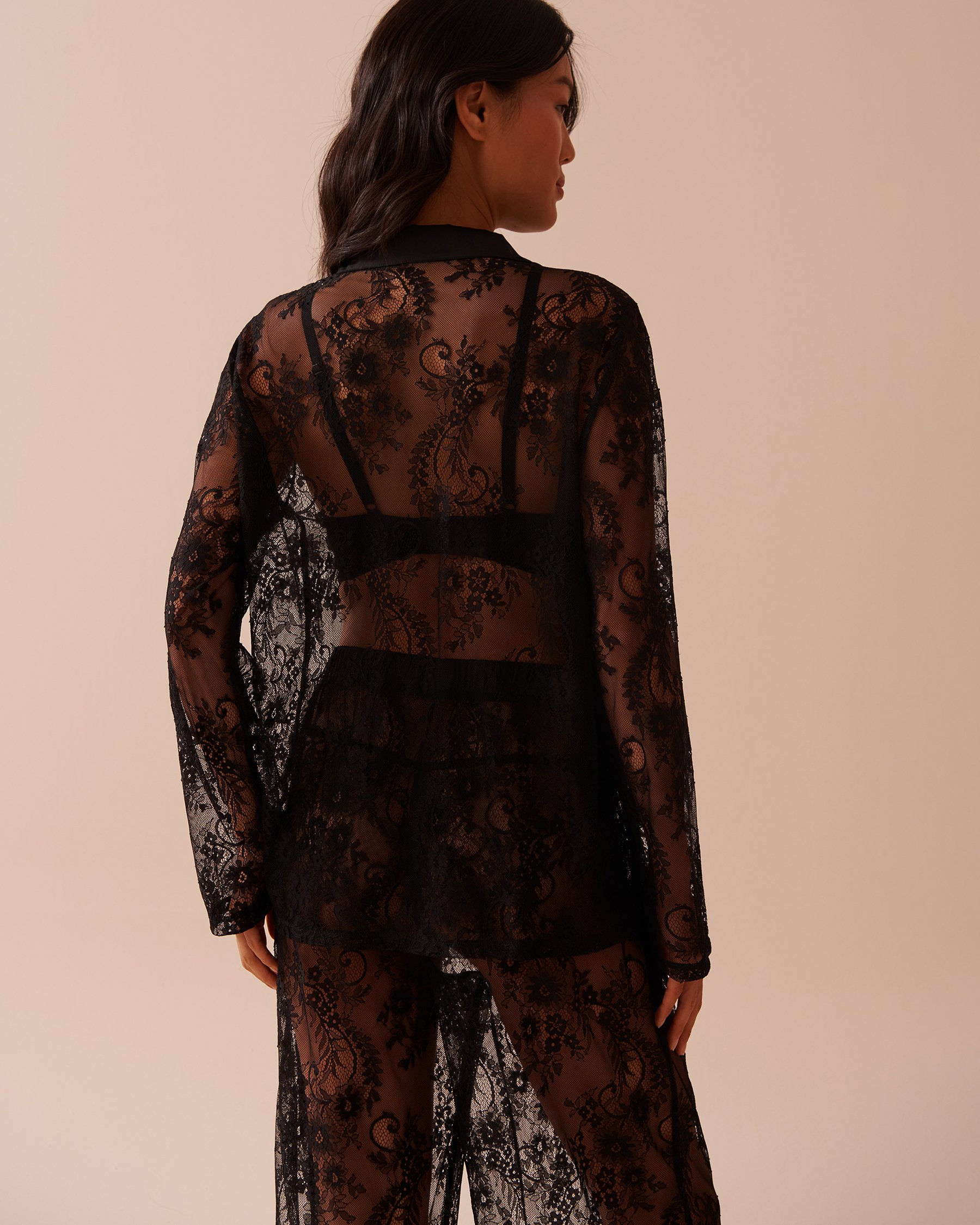 LA VIE EN ROSE Sheer Lace Long Sleeve Button-down Shirt Classic Black 60100115 - View2