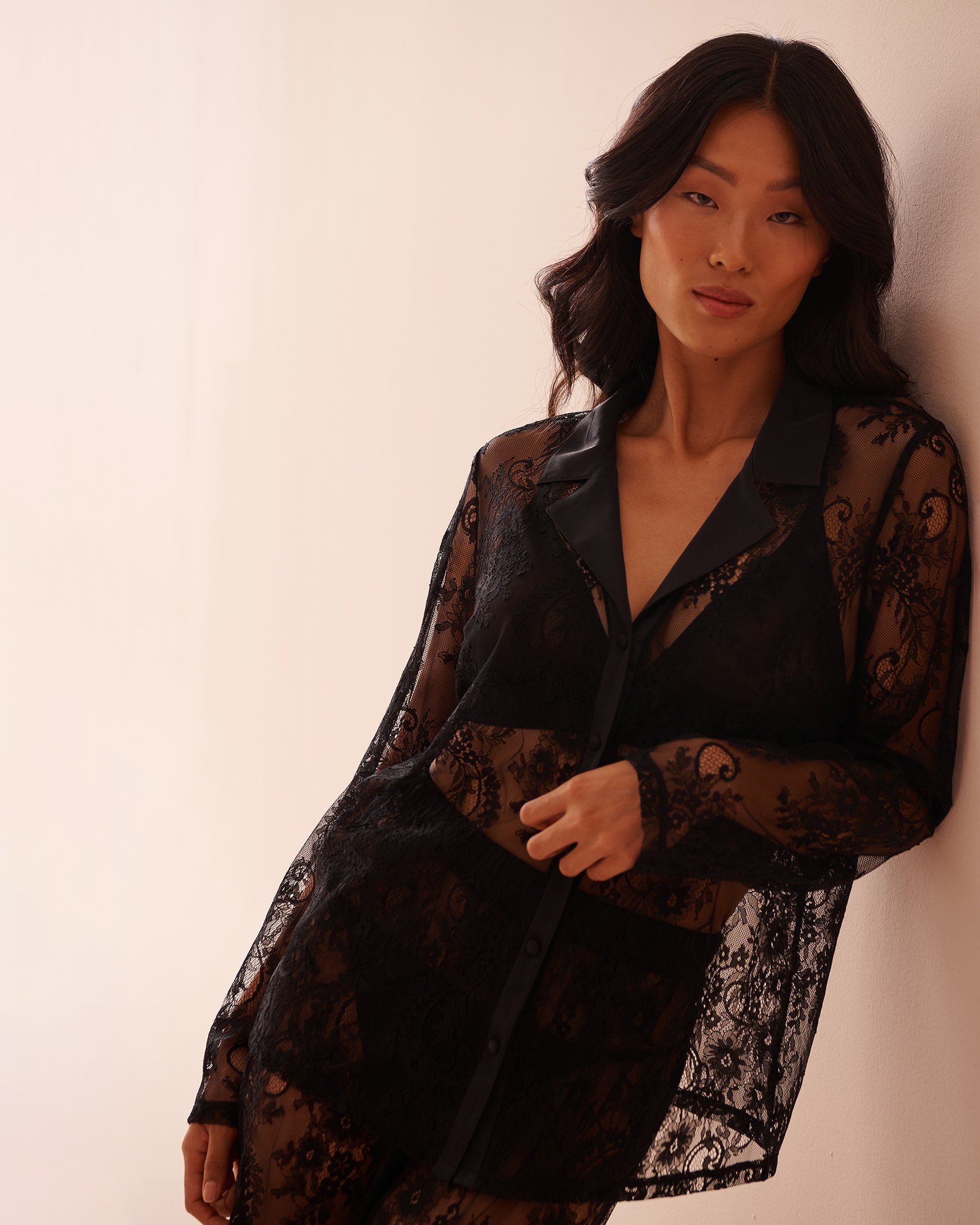 LA VIE EN ROSE Sheer Lace Long Sleeve Button-down Shirt Classic Black 60100115 - View6