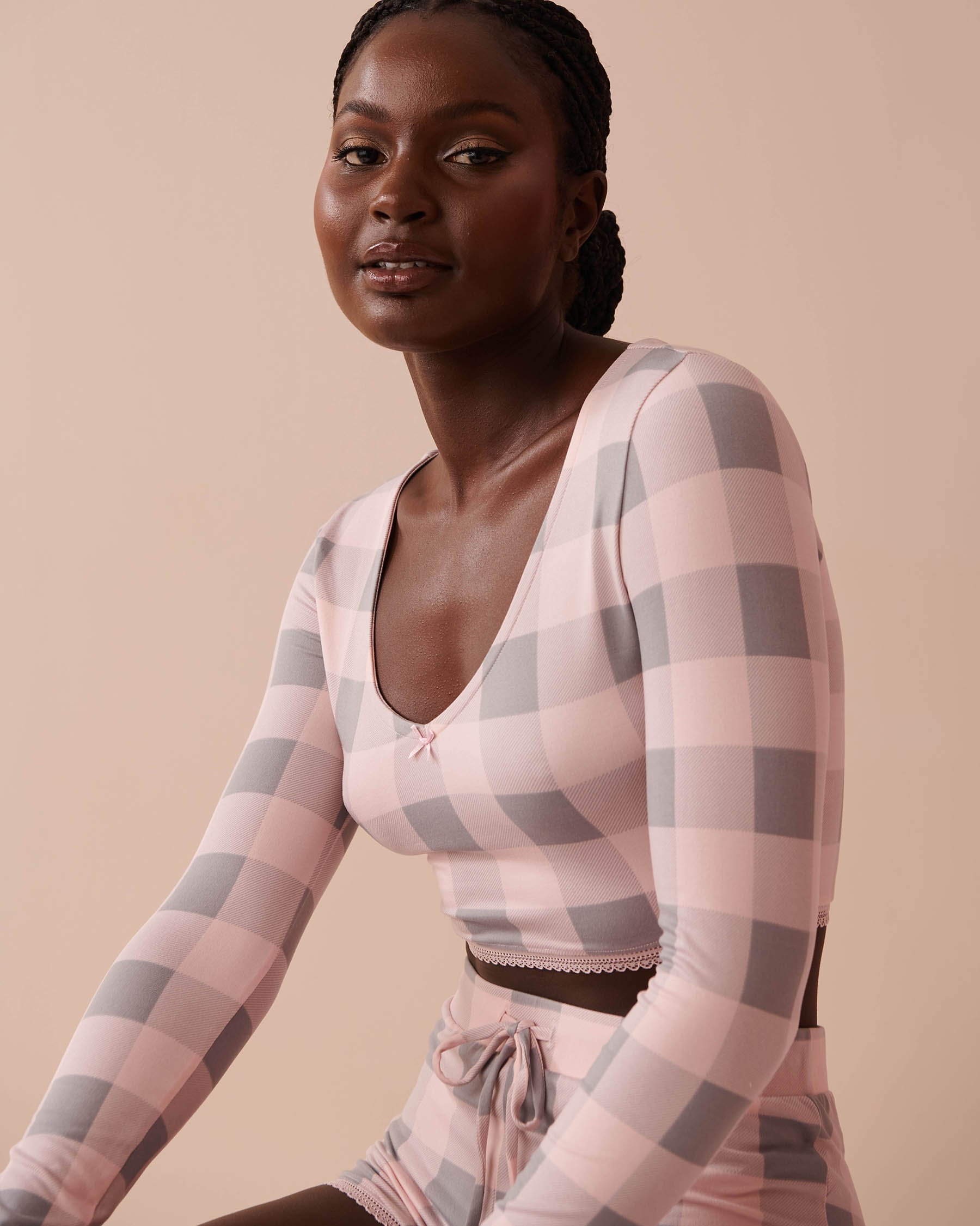 LA VIE EN ROSE Pink Plaid Super Soft Long Sleeve Crop Top Fairy Pink Plaid 40100644 - View3