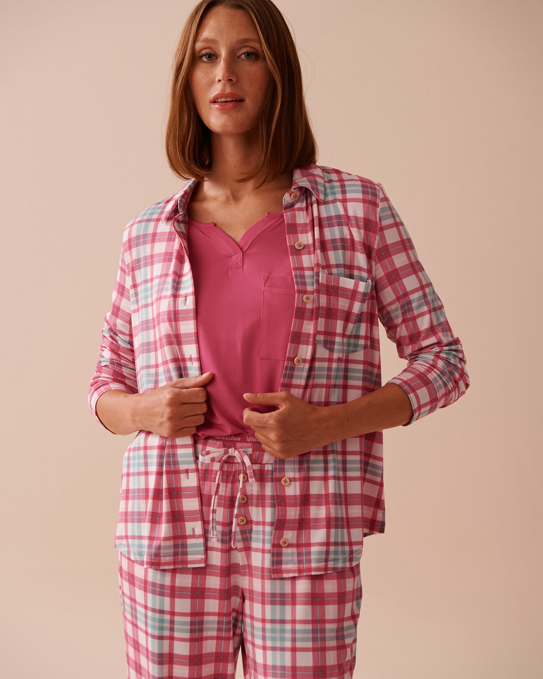 LA VIE EN ROSE Red Stripe Super Soft Button-down Shirt Red & Blue Stripes 40100657 - View3