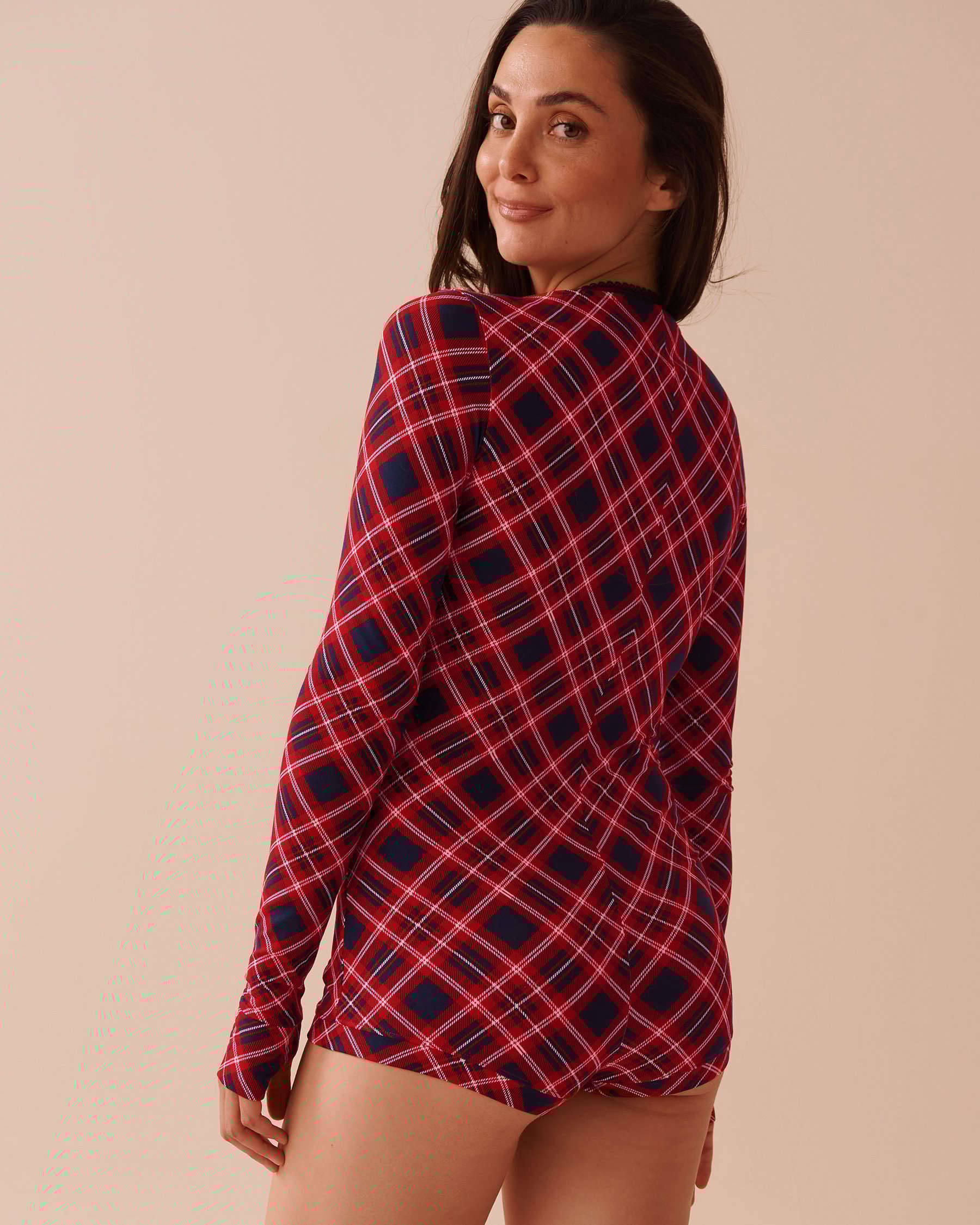 LA VIE EN ROSE Combishort manches longues ultra doux à carreaux Carreaux bleus et rouges 40300052 - Voir2