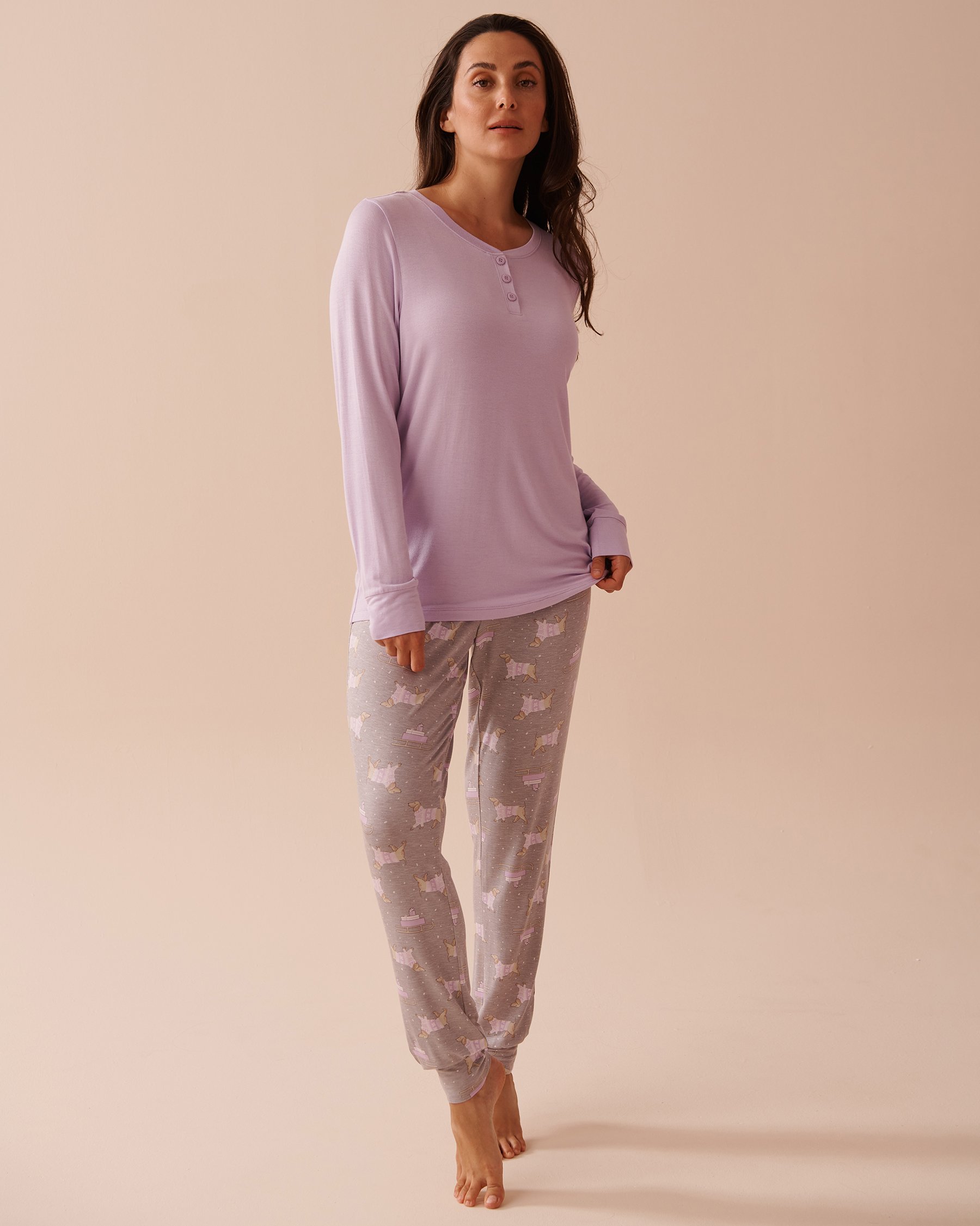 LA VIE EN ROSE Dachshund Print Long Sleeve PJ Set Dachshund/Lilac & Grey 40400071 - View4