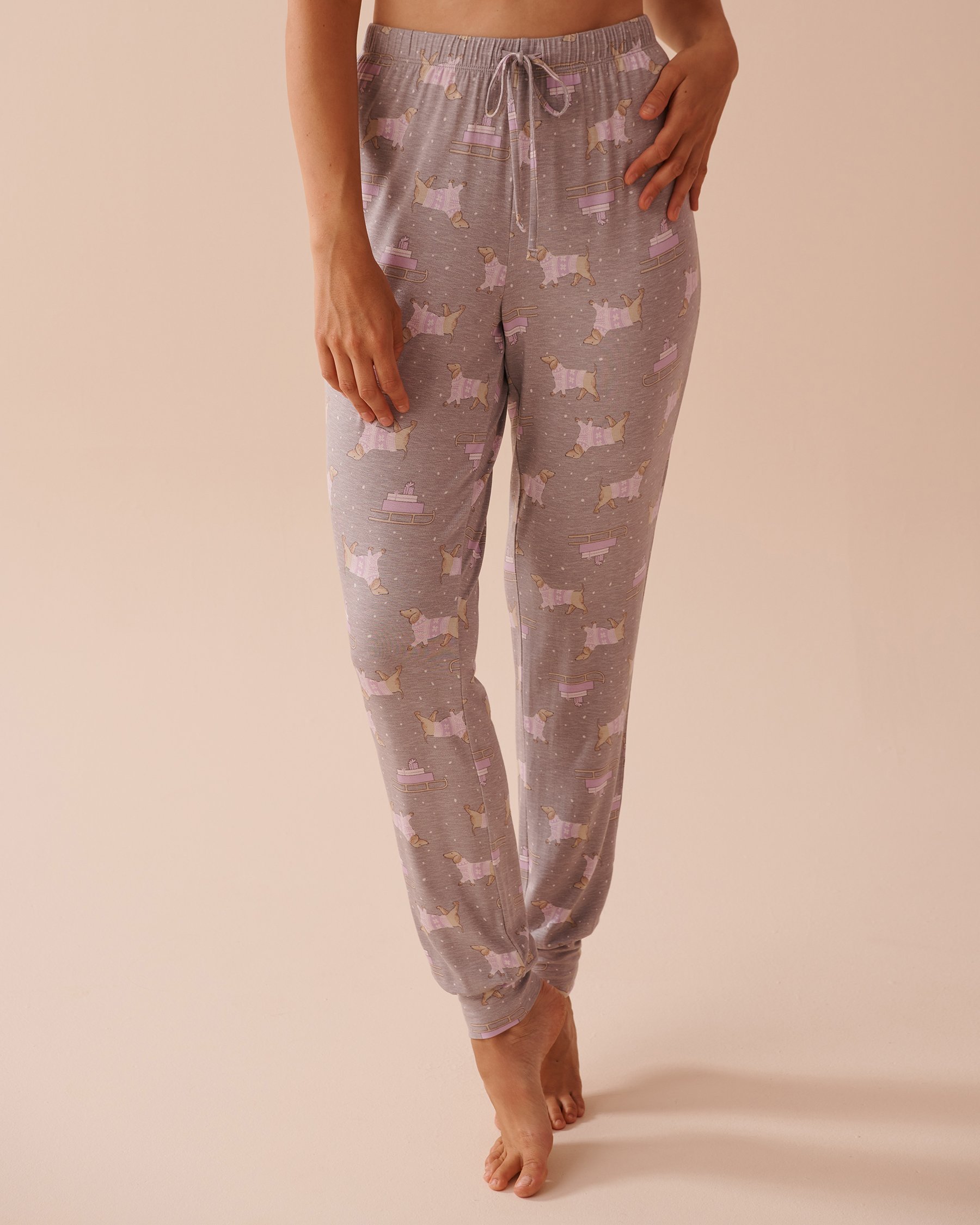 LA VIE EN ROSE Dachshund Print Long Sleeve PJ Set Dachshund/Lilac & Grey 40400071 - View5