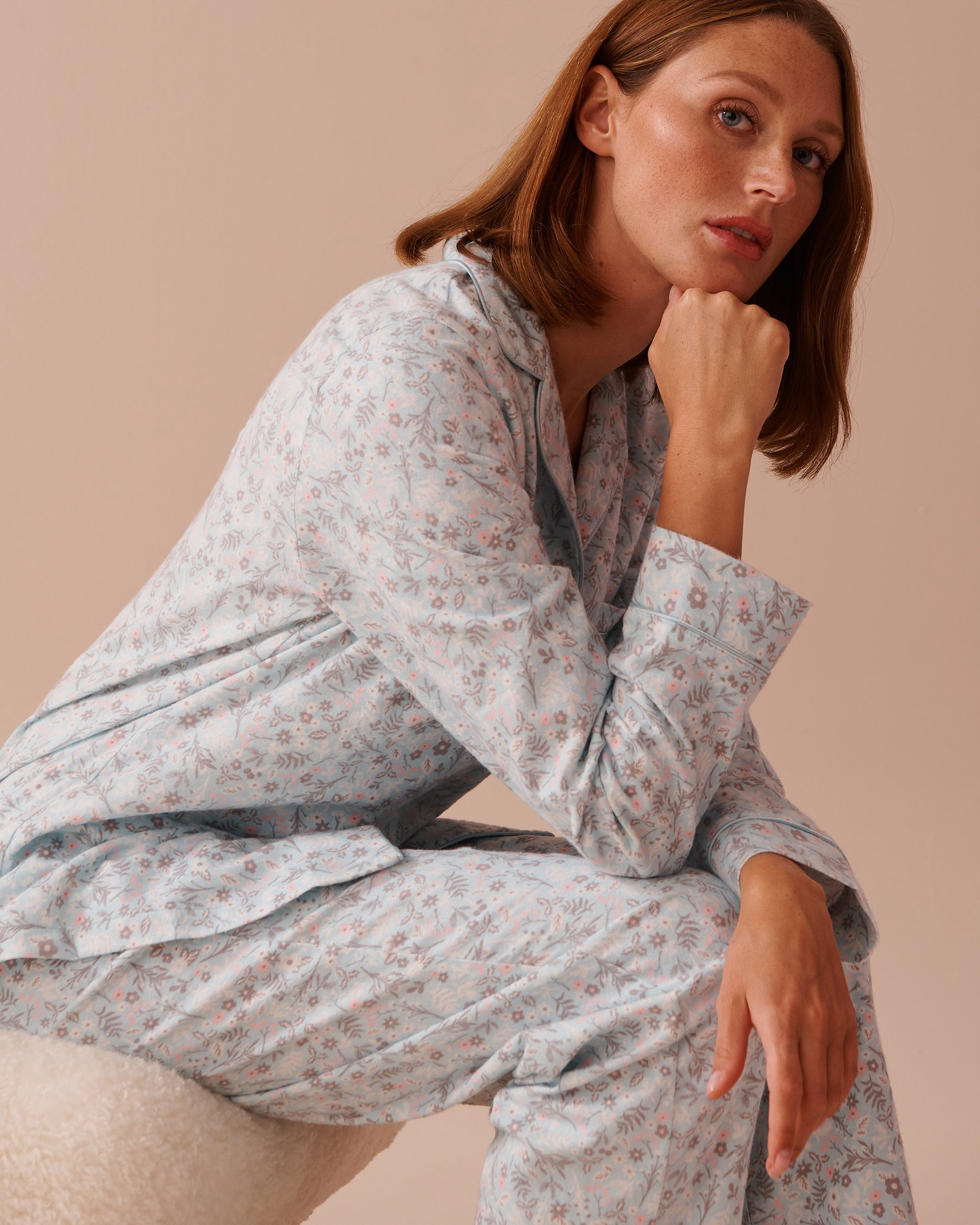 LA VIE EN ROSE Winter Flowers Print Flannel PJ Set Blue Winter Flowers 40400073 - View1
