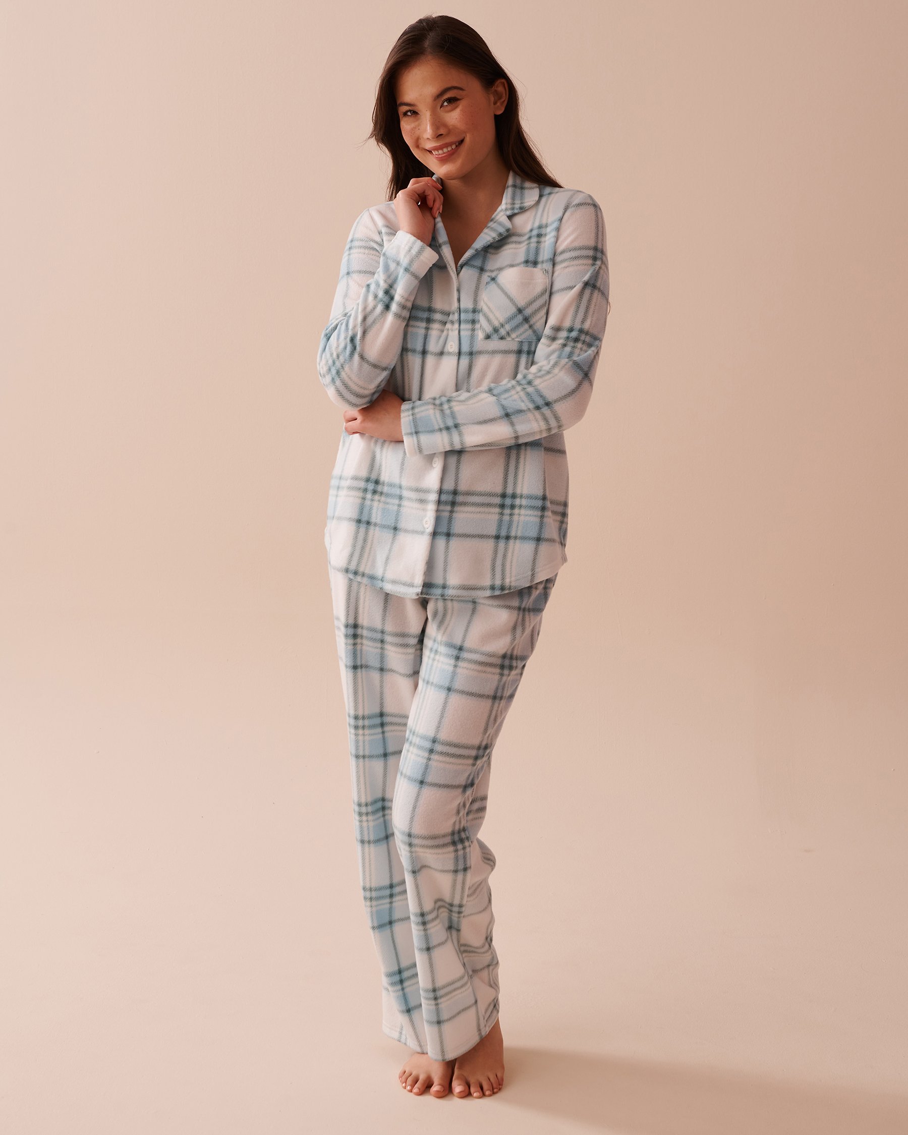 LA VIE EN ROSE Blue Plaid Micropolar PJ Set Blue & White Plaid 40400074 - View1