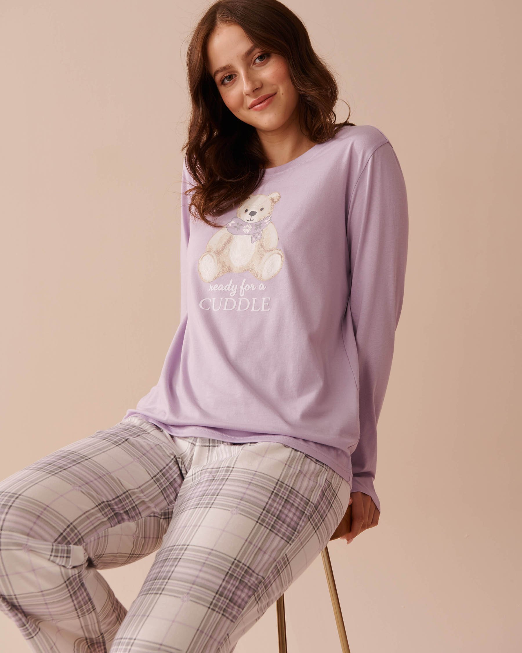 LA VIE EN ROSE Lilac Plaid Cotton PJ Set White & Lilac Plaid 40400075 - View1