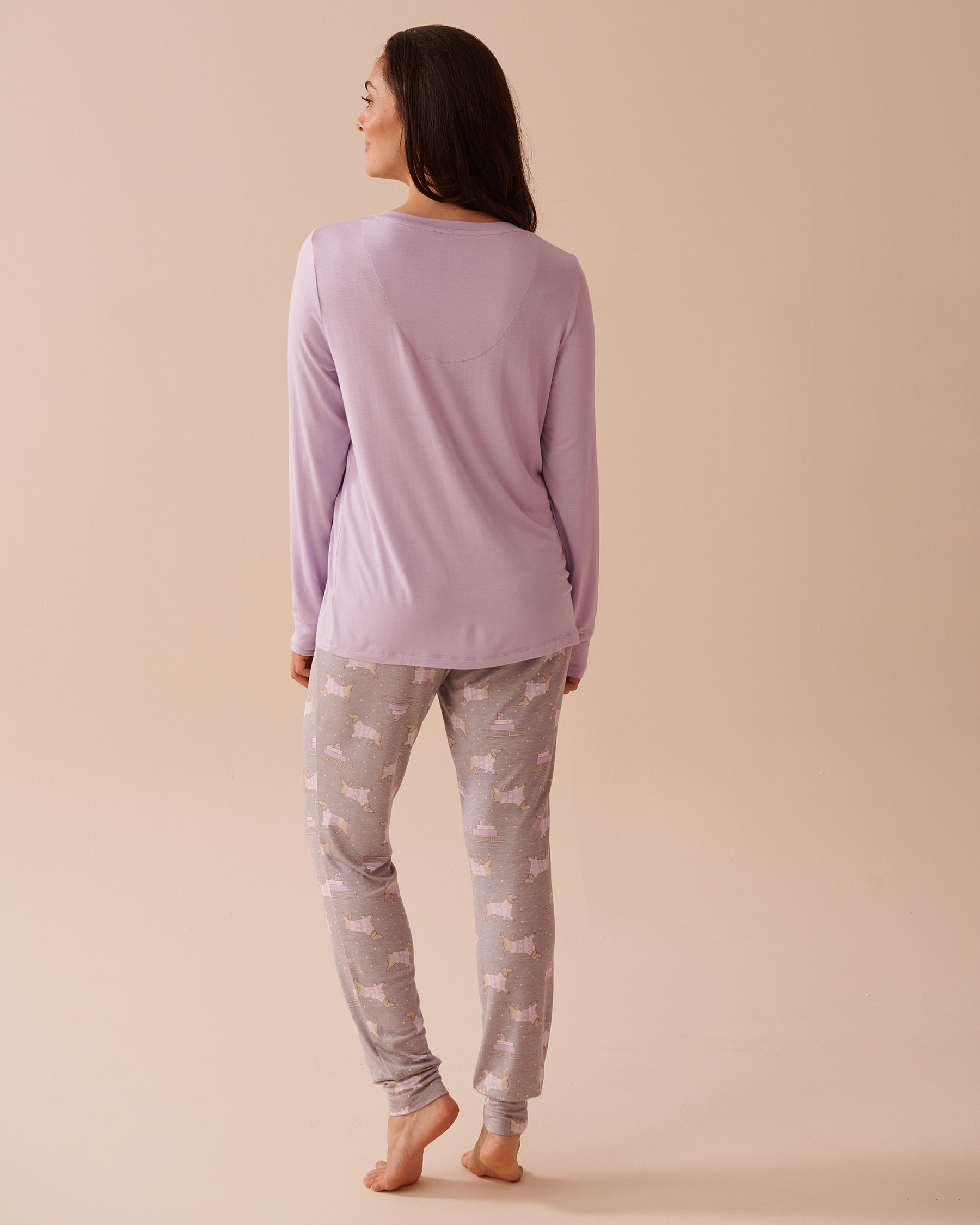 LA VIE EN ROSE Dachshund Print Long Sleeve PJ Set Dachshund/Lilac & Grey 40400071 - View2