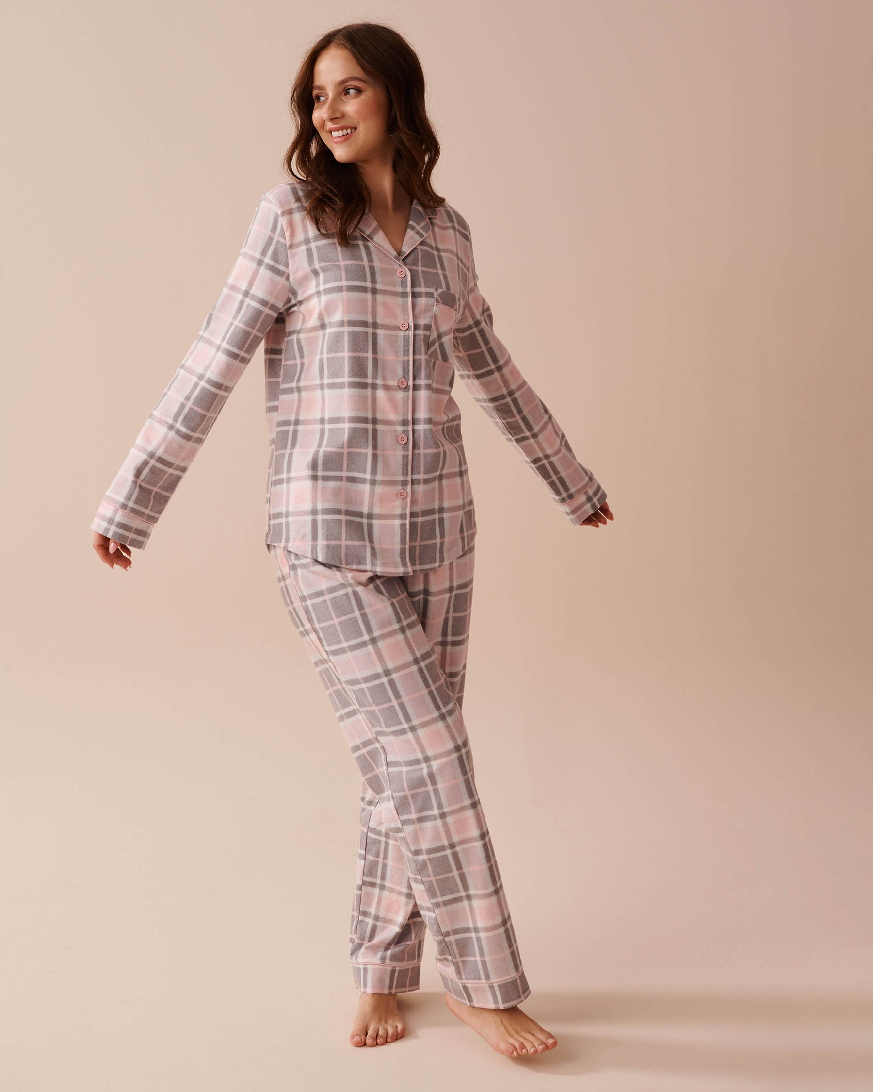 LA VIE EN ROSE Grey & Pink Plaid Flannel PJ Set Grey & Pink Plaid 40400073 - View7