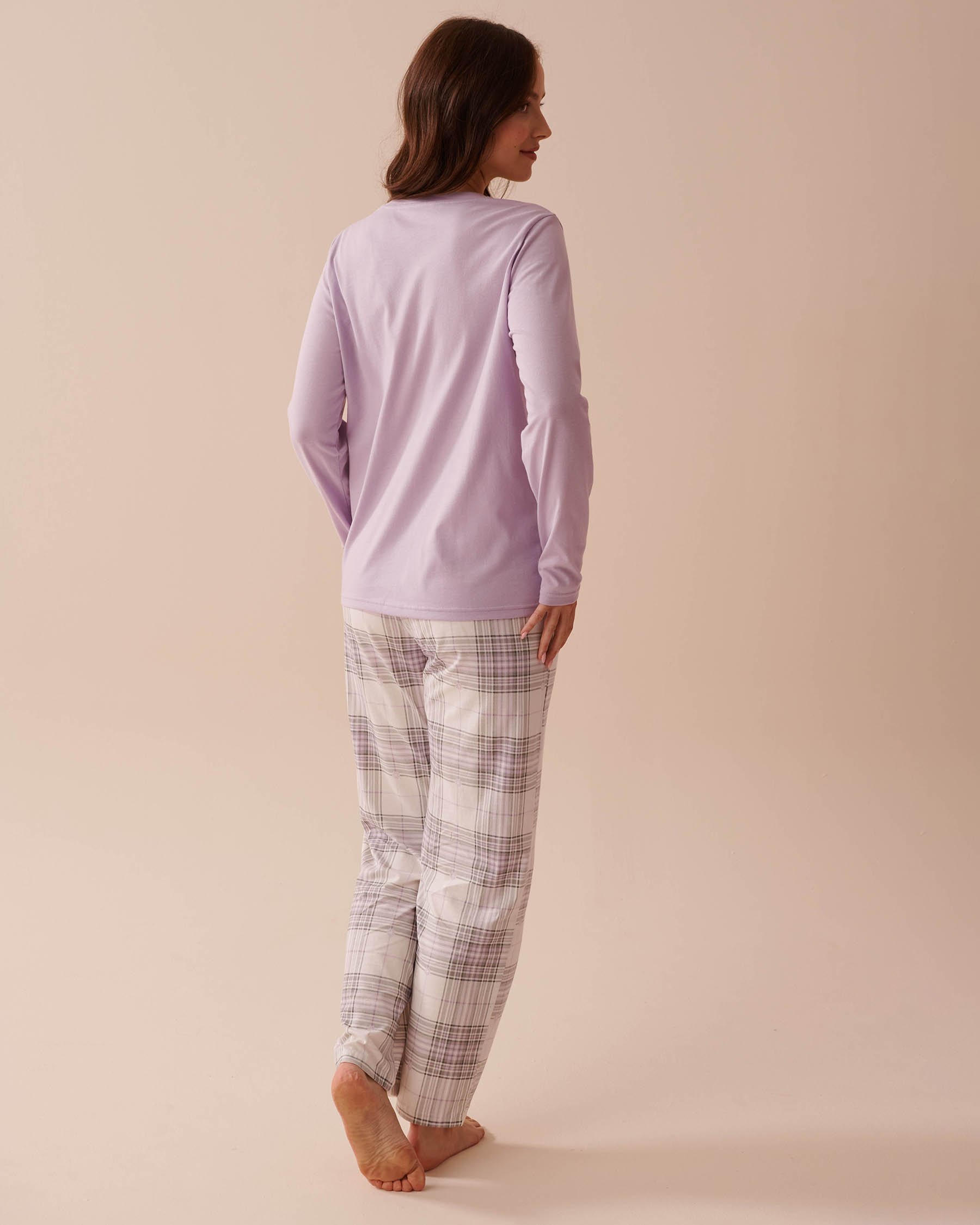 LA VIE EN ROSE Lilac Plaid Cotton PJ Set White & Lilac Plaid 40400075 - View2