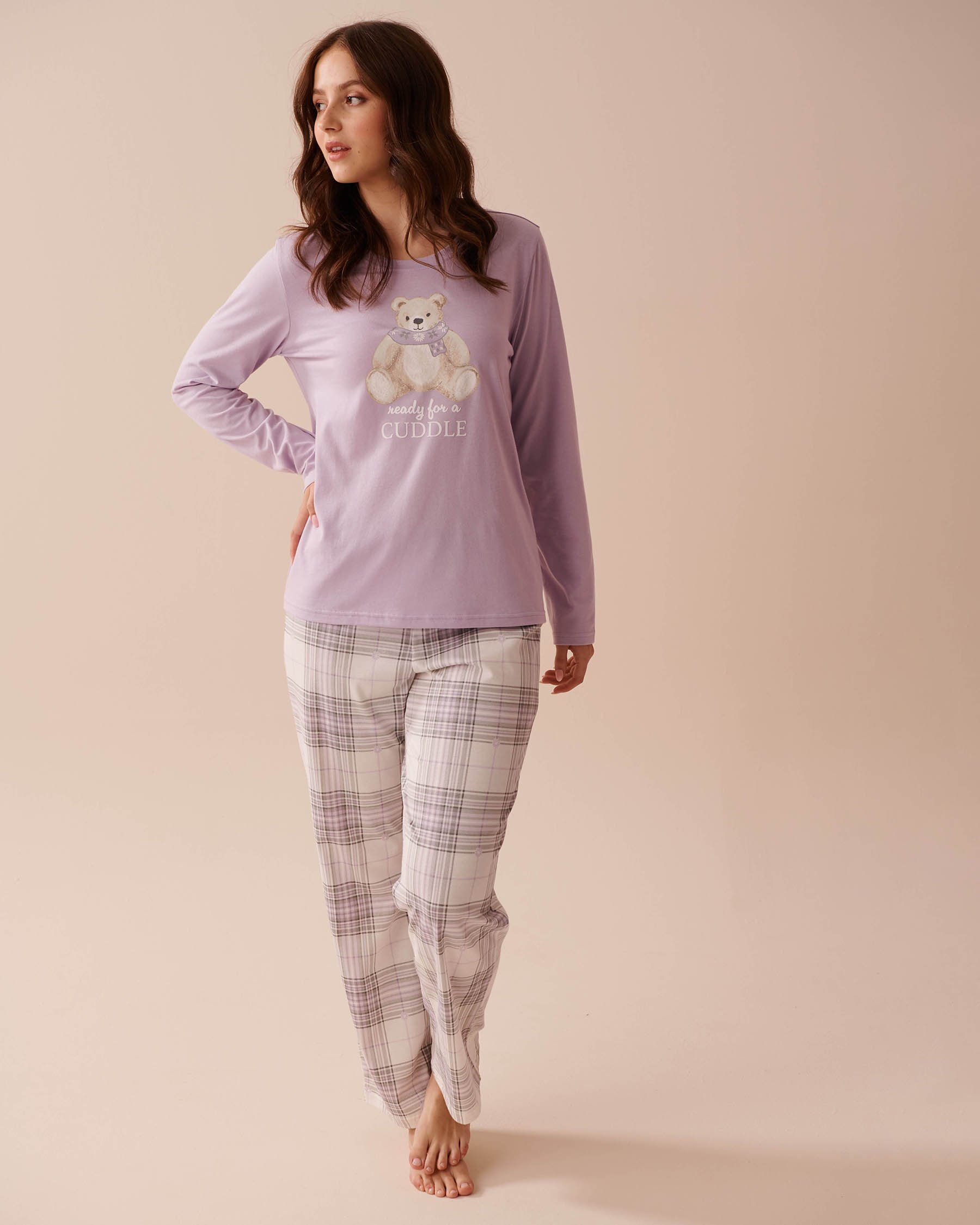 LA VIE EN ROSE Lilac Plaid Cotton PJ Set White & Lilac Plaid 40400075 - View4