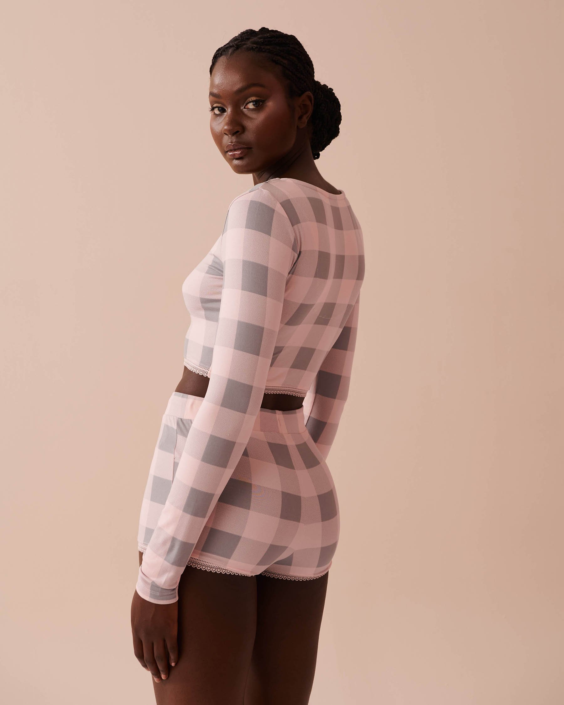 LA VIE EN ROSE Pink Plaid Super Soft Long Sleeve Crop Top Fairy Pink Plaid 40100644 - View2