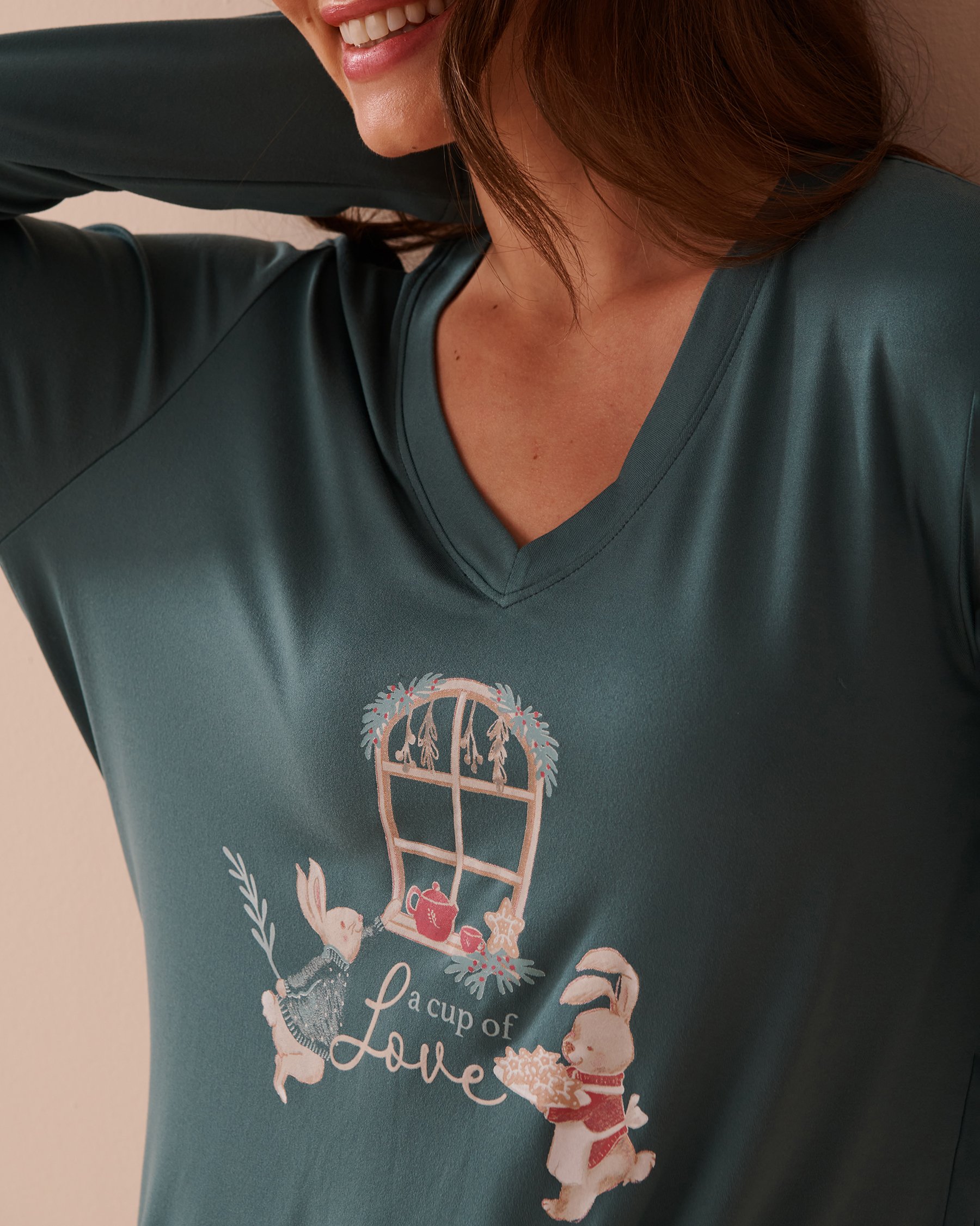 LA VIE EN ROSE Rabbit Print Super Soft Long Sleeve Shirt Forest Green 40100659 - View3