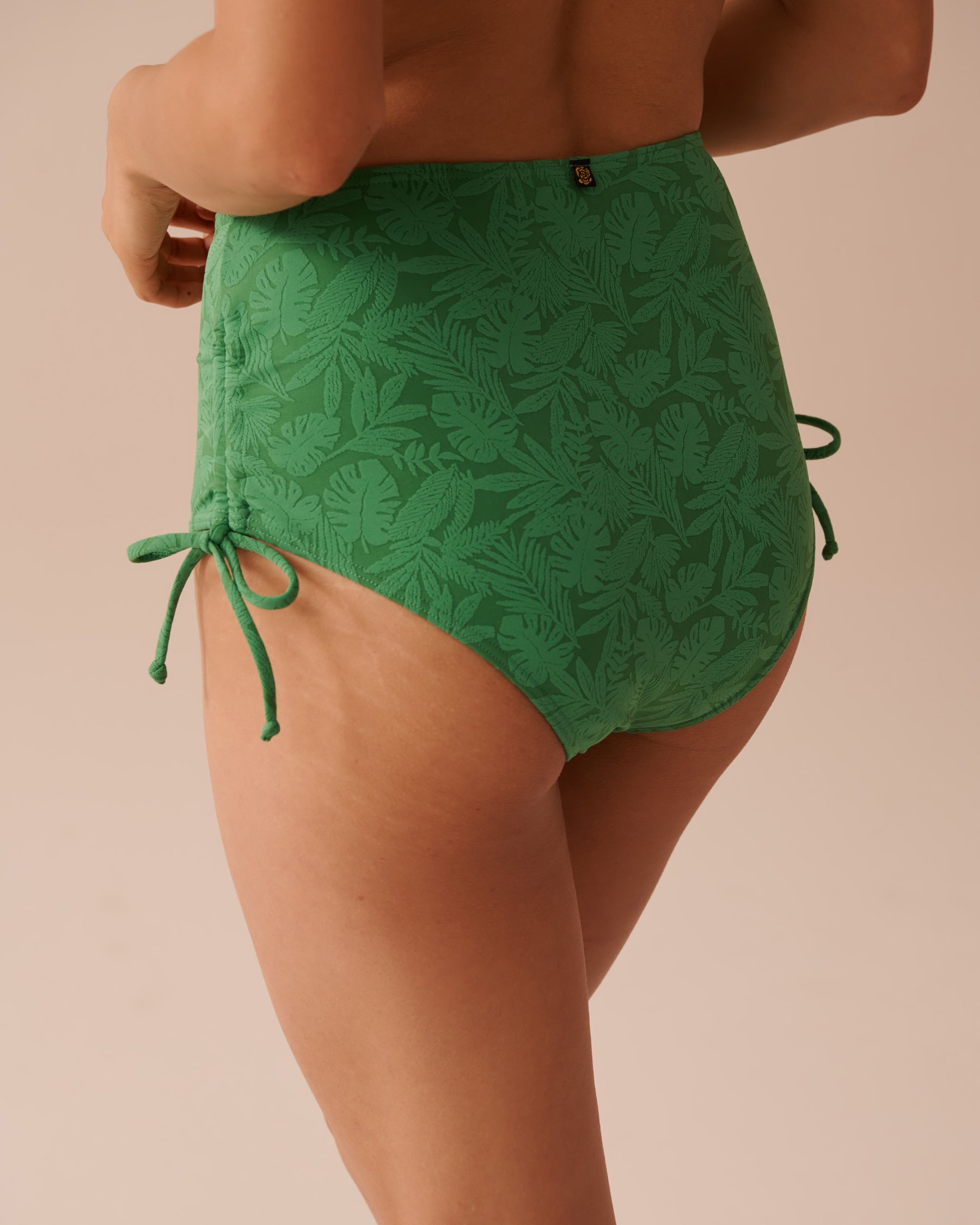 LA VIE EN ROSE AQUA GREEN TROPICAL LEAVES Textured Side Tie High Waist Bikini Bottom Green Tropical Leaves 70300617 - View3
