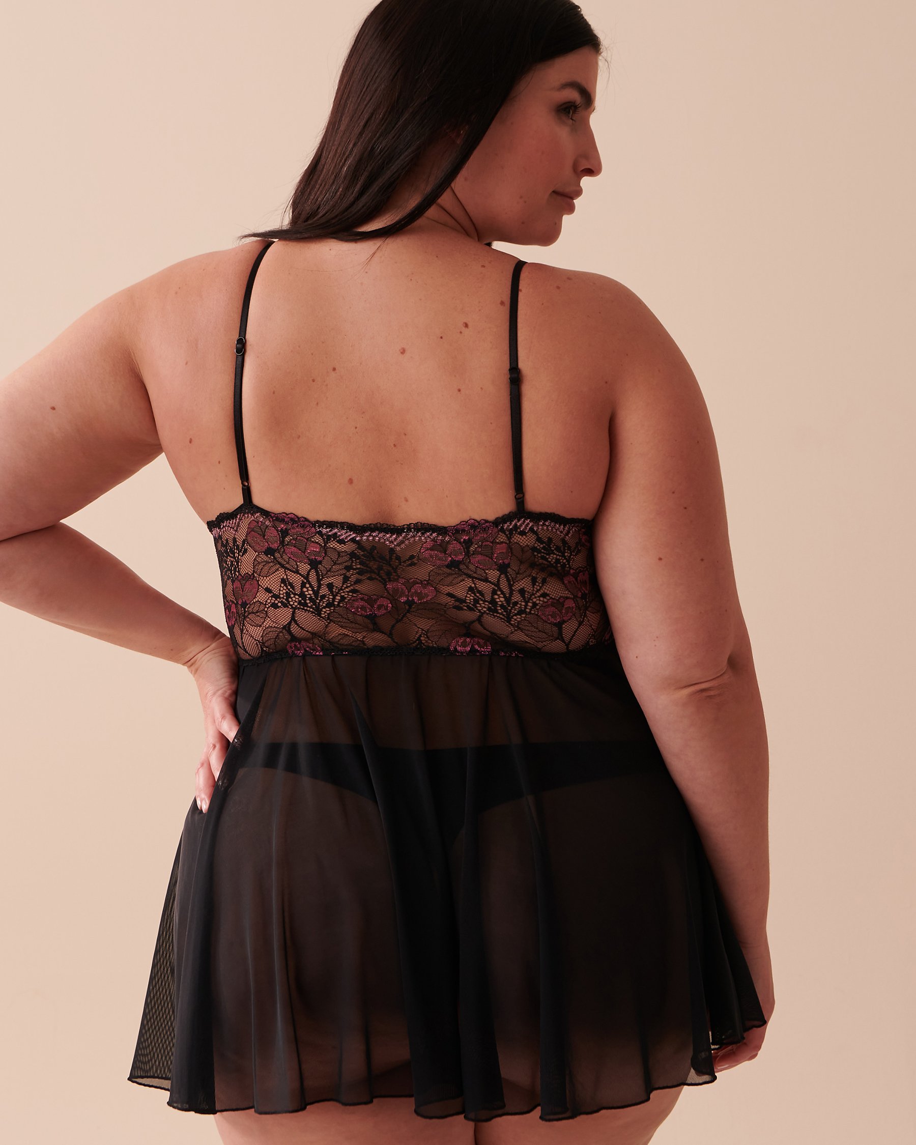 LA VIE EN ROSE Embroidered Lace and Mesh Babydoll Black 60500132 - View4