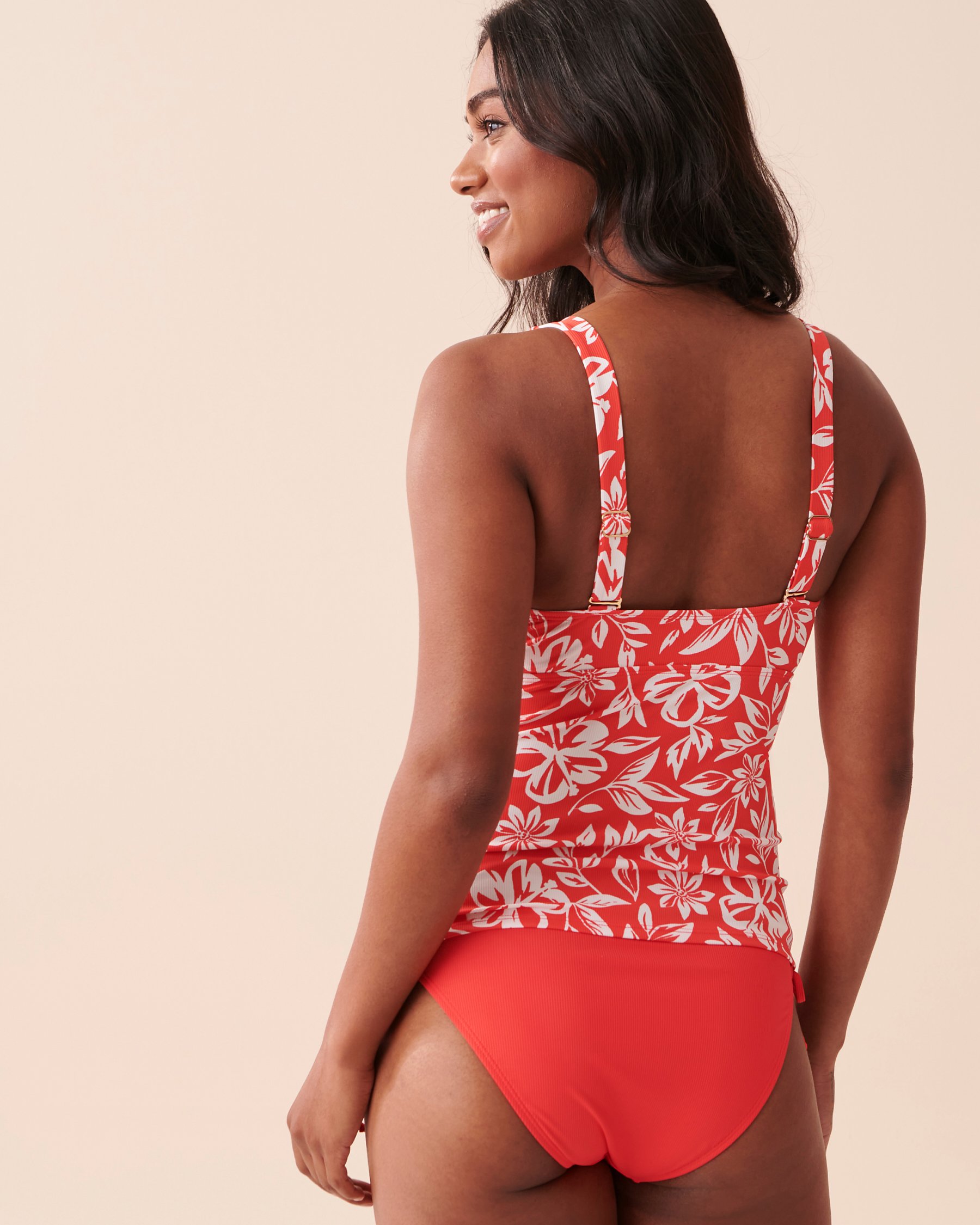 LA VIE EN ROSE AQUA TAHITI Textured Cross Back Tankini Top Bright Red Hibiscus 70100543 - View2