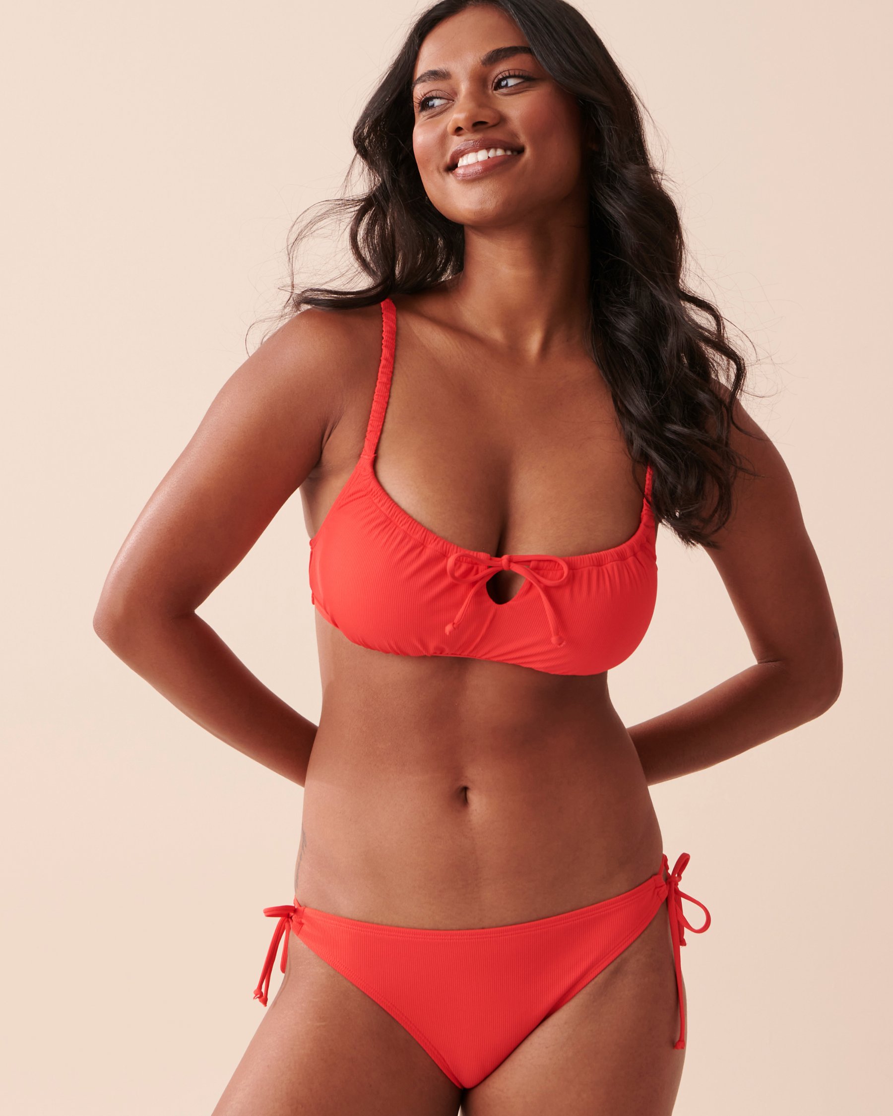 LA VIE EN ROSE AQUA TAHITI Textured Side Tie Brazilian Bikini Bottom Bright Red 70300511 - View3