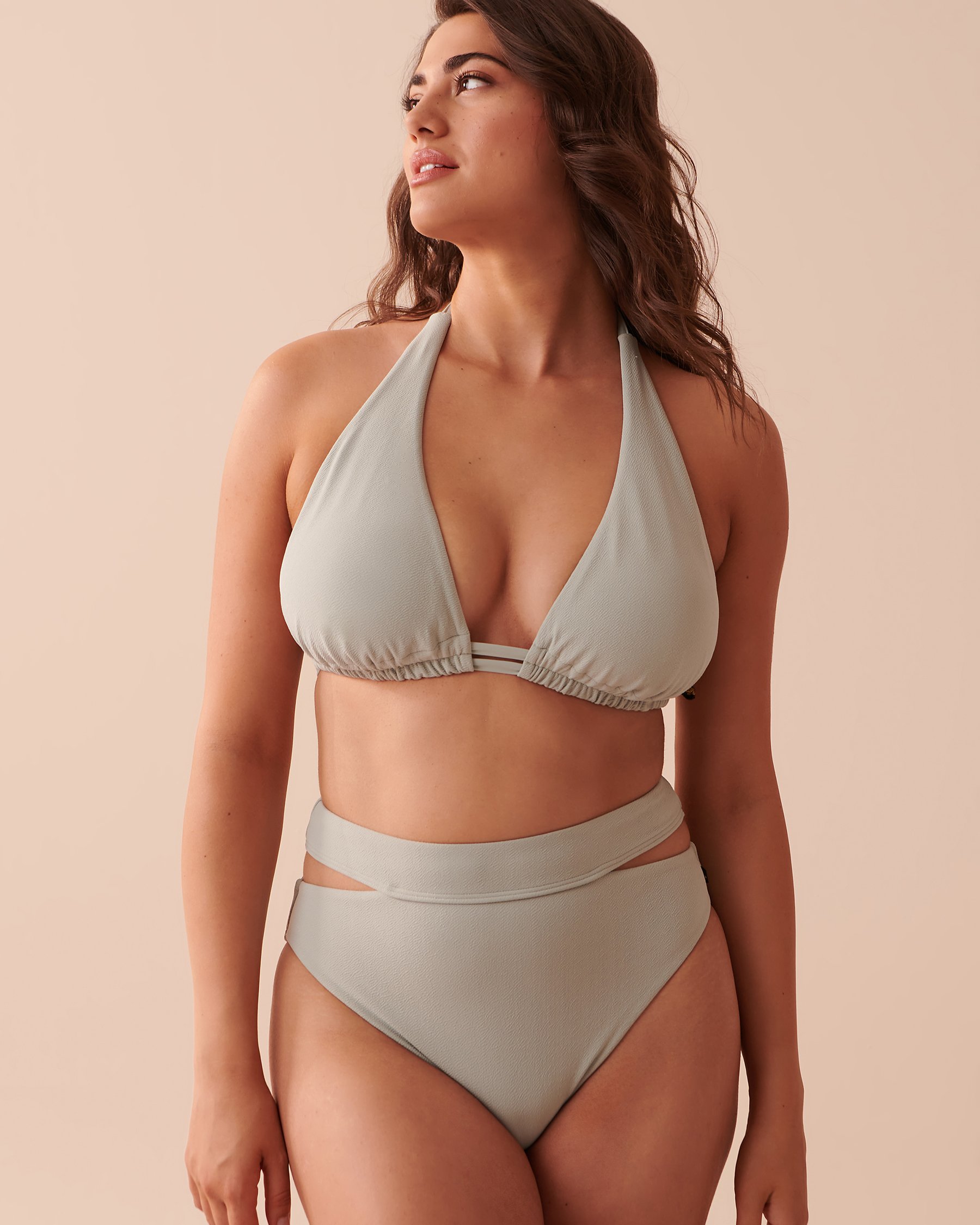 LA VIE EN ROSE AQUA TEXTURED Recycled Fibers High Waist Bikini Bottom Light Green Grey 70300523 - View3